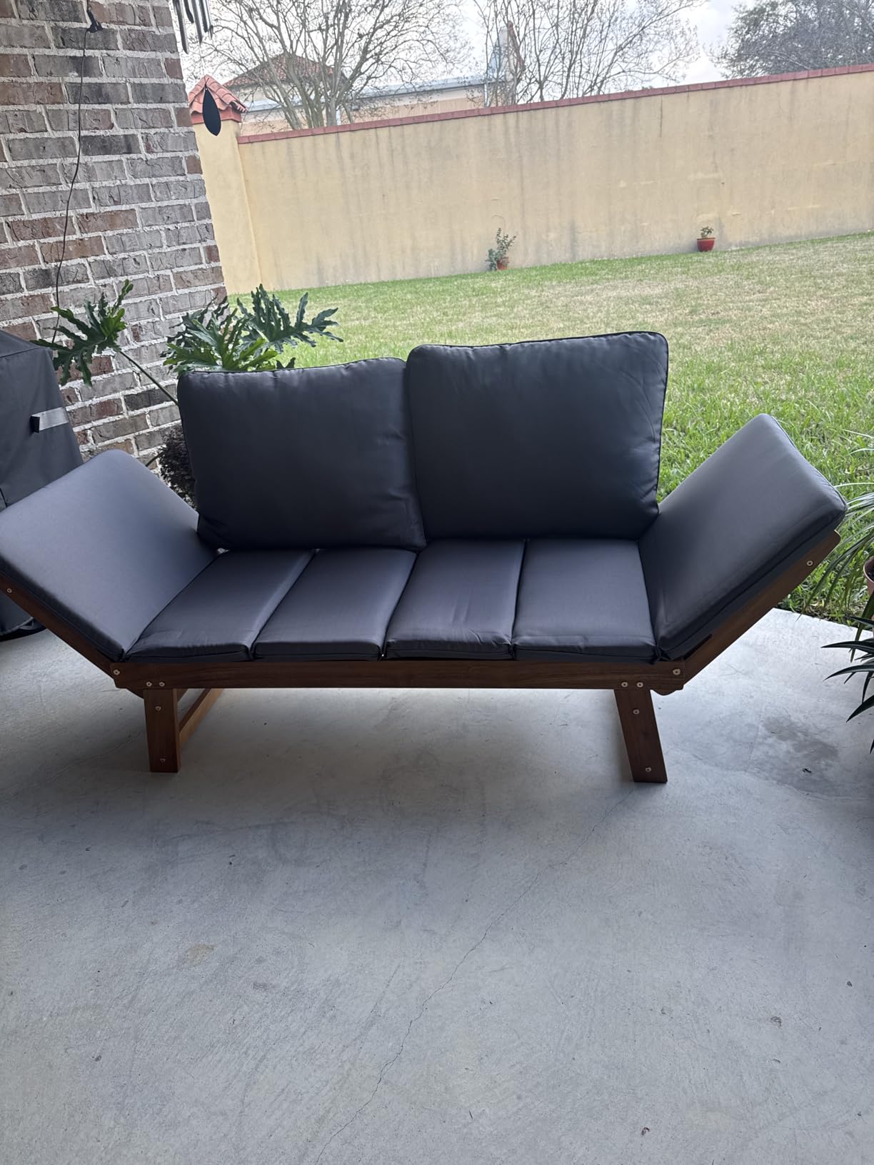 Devoko Outdoor Couch Acacia Wood Patio Couch with Adjustable Armrests, Outdoor Convertible Sofa with Removable Cushions & Pillows for Patio, Porch, Poolside(Grey) customer photo 1