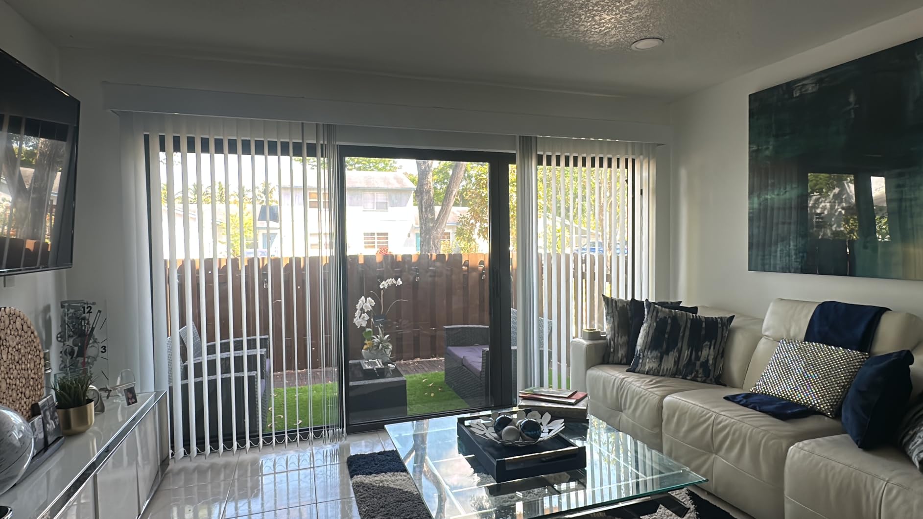 Motorized Vertical Blinds Compatible with Alexa Google Home, Blackout Sliding Door Shades Smart Vertical Blinds Remote Control Customize, Off-White customer photo 2