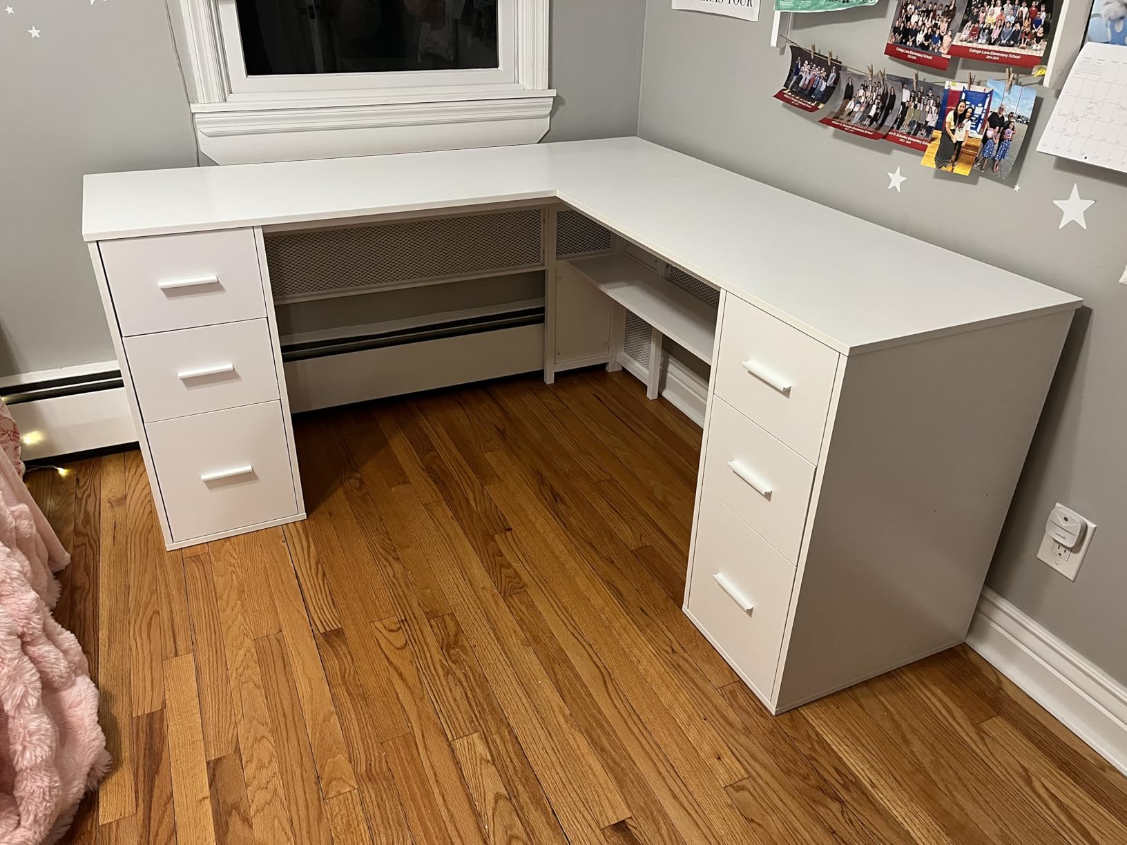 HSH Large L Shaped Executive Desk with Drawers, Home Office Metal Wood Computer Desk for Work Writing Study Gaming, Rustic L-Shaped Walnut Desk Table with File Drawer, Storage Cabinet Shelves, 59 in customer photo 1