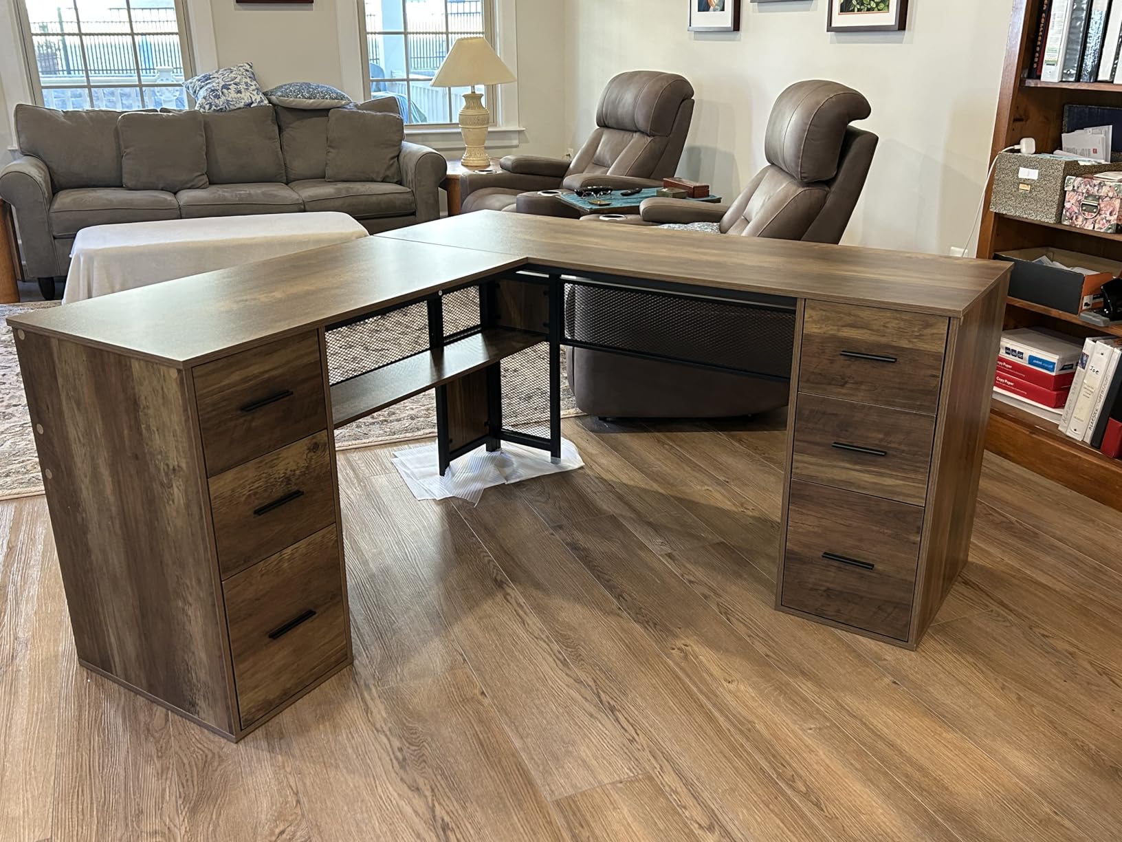HSH Large L Shaped Executive Desk with Drawers, Home Office Metal Wood Computer Desk for Work Writing Study Gaming, Rustic L-Shaped Walnut Desk Table with File Drawer, Storage Cabinet Shelves, 59 in customer photo 2