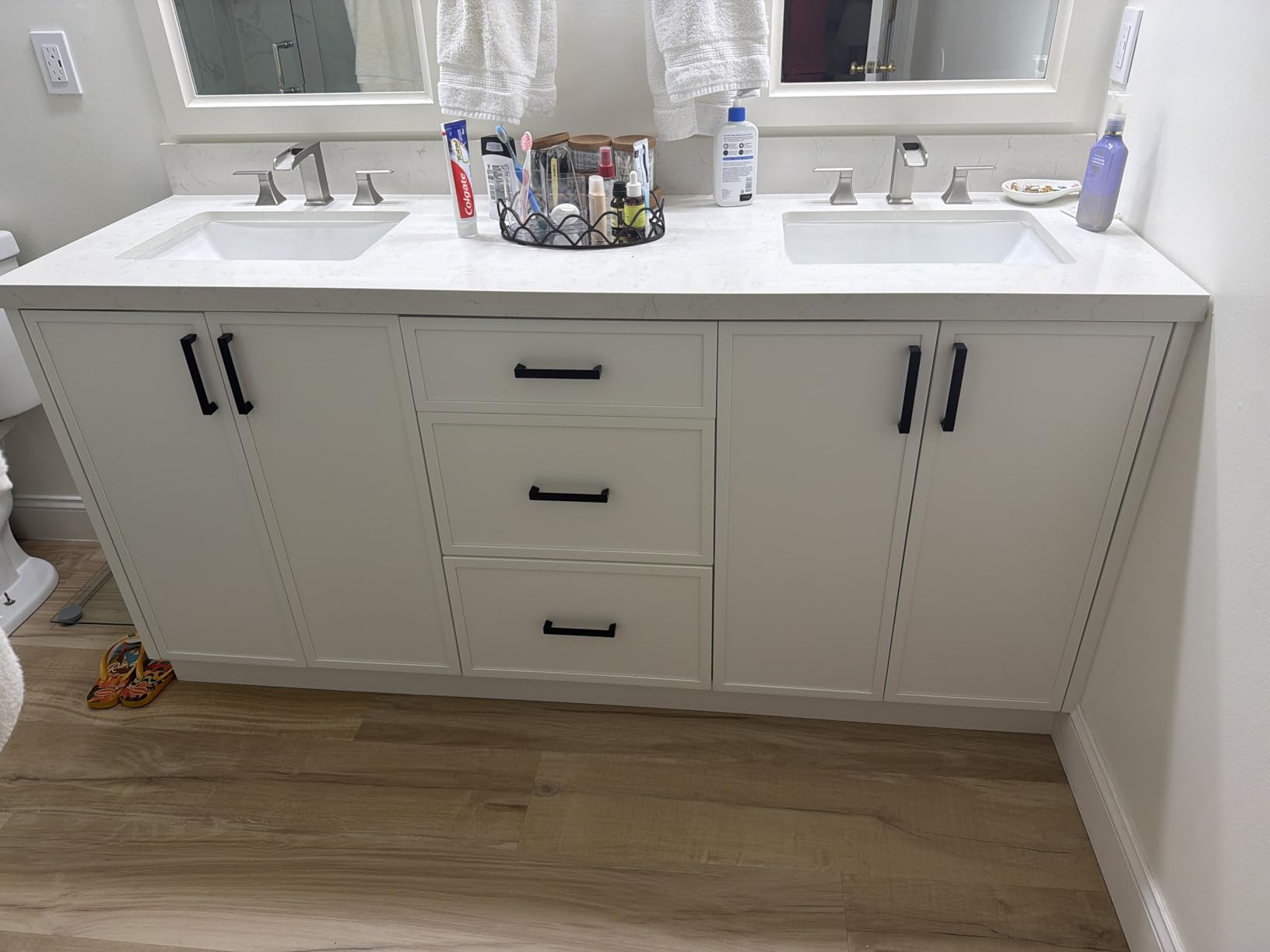 ARIEL Monroe 72-inch Bathroom Vanity with Sink, Solid Wood, 1.5-inch Carrara White Quartz Countertop & Backsplash, Double Oval Porcelain Sink, 9 Dovetail Drawers, Matte Black, White Oak customer photo 1