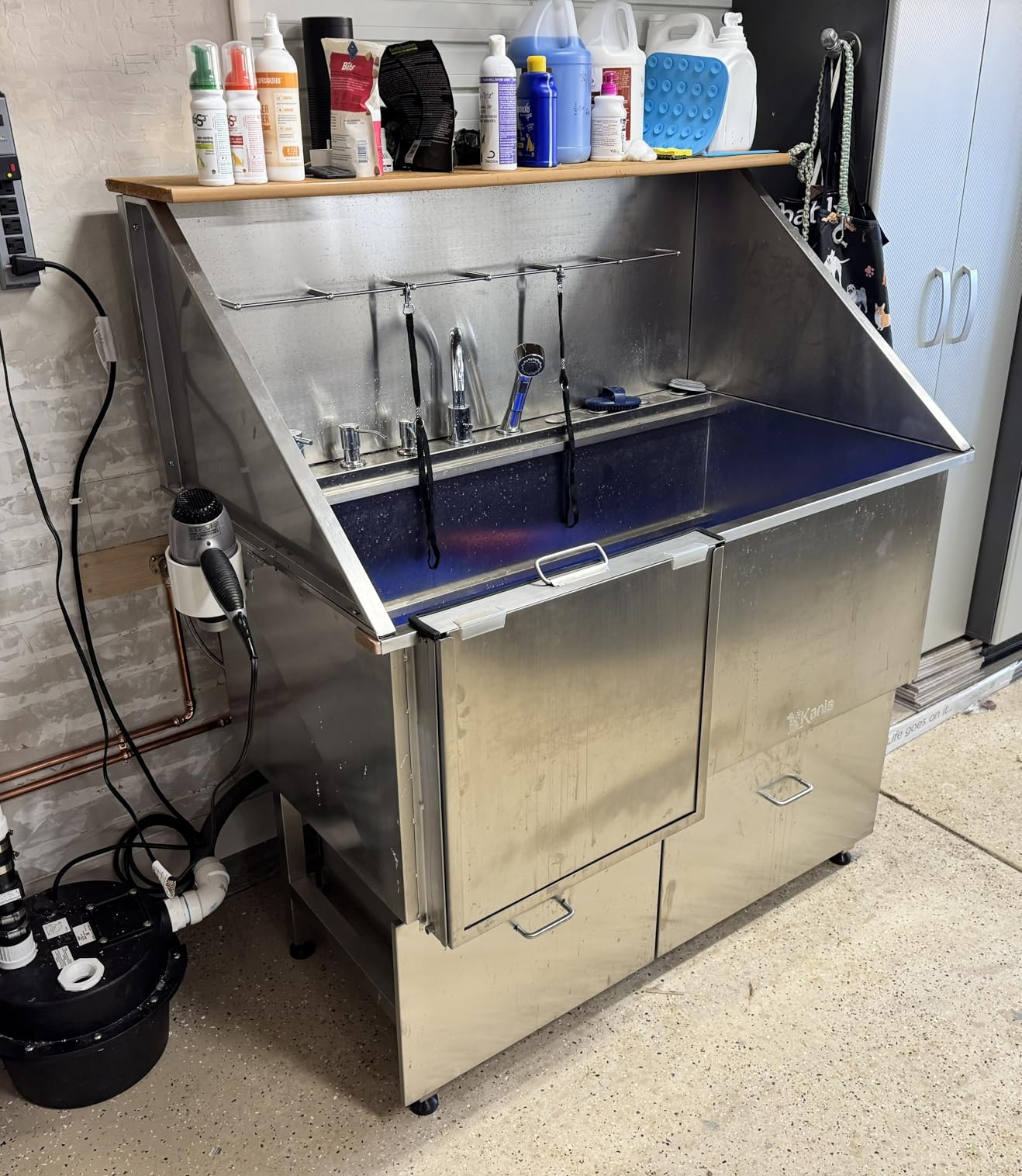 KANIS Professional Dog Washing Station - 304 Stainless Steel Pet Wash Sink & Grooming Bathtub w/Shower, Floor Grates and Storage for Large, Medium & Small Pets (50