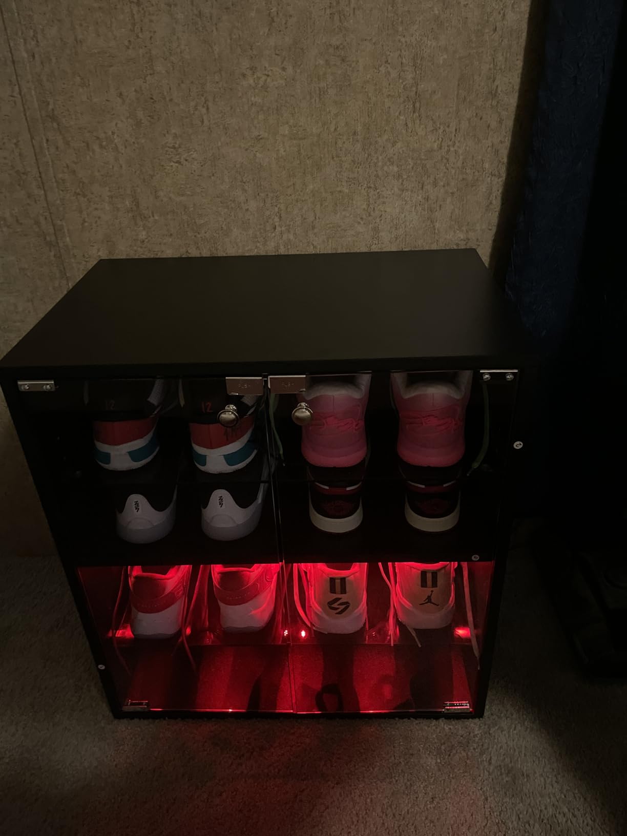 Shoe Storage Box, Wooden Organizer Shoe Storage Box with Flip Glass Door, 3-Tier Shoe Boxes with RGB Led Light for Up to 9 Pairs of Shoes for Display Sneakers, Black customer photo 1