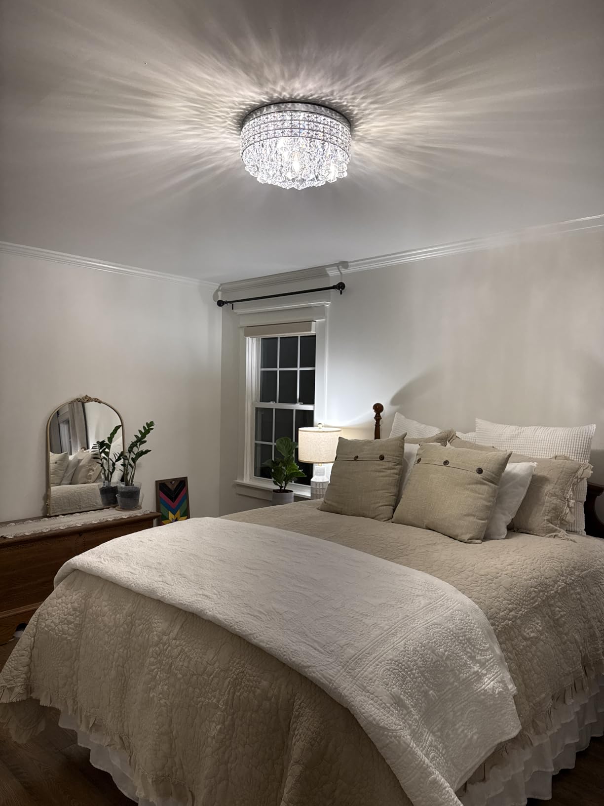 Maxax 4 Lights Crystal Chandelier, Recessed Drum Ceiling Light, Mini Crystal Flush Mount Round Metal Shade Raindrop Chandelier Crystal for Dining Room Living Room Bathroom Bedroom, Black customer photo 1