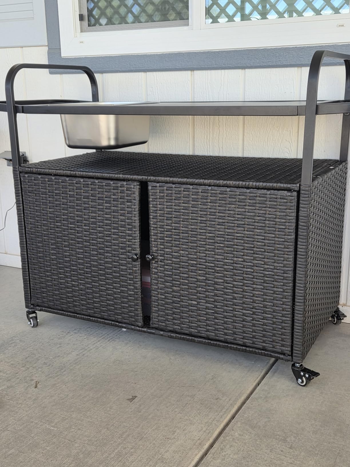 HOMEFUN Outdoor Bar Cart Table - Patio Console Storage Cabinet BBQ Grill Carts Buffet with Wheels Waterproof Wicker Serving Tables for Outside, Black customer photo 2