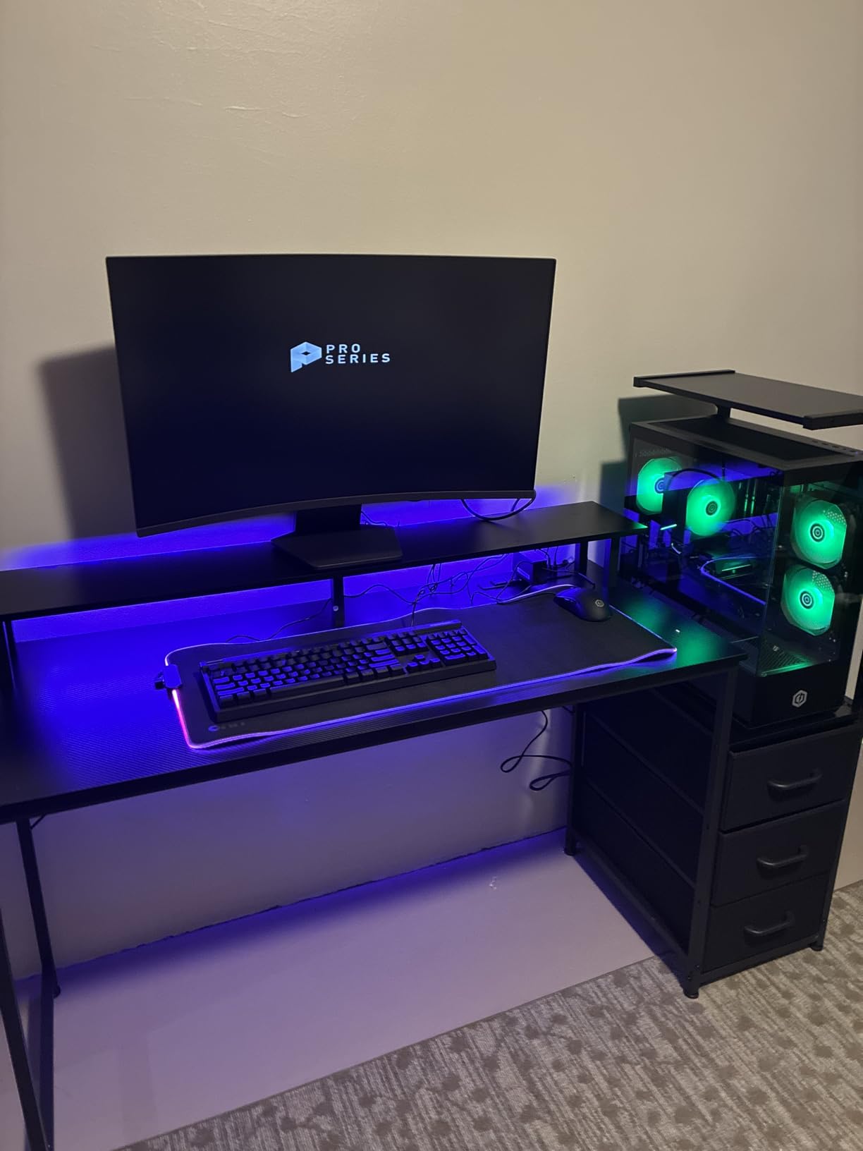 AODK 59 Inch Gaming Desk with USB Charging Ports & LED Light- Reversible Computer Desk with Storage Shelves & Monitor Stand, Modern Gamer Desk Table with Fabric Drawers & Side Hook, Carbon Fiber Black customer photo 2