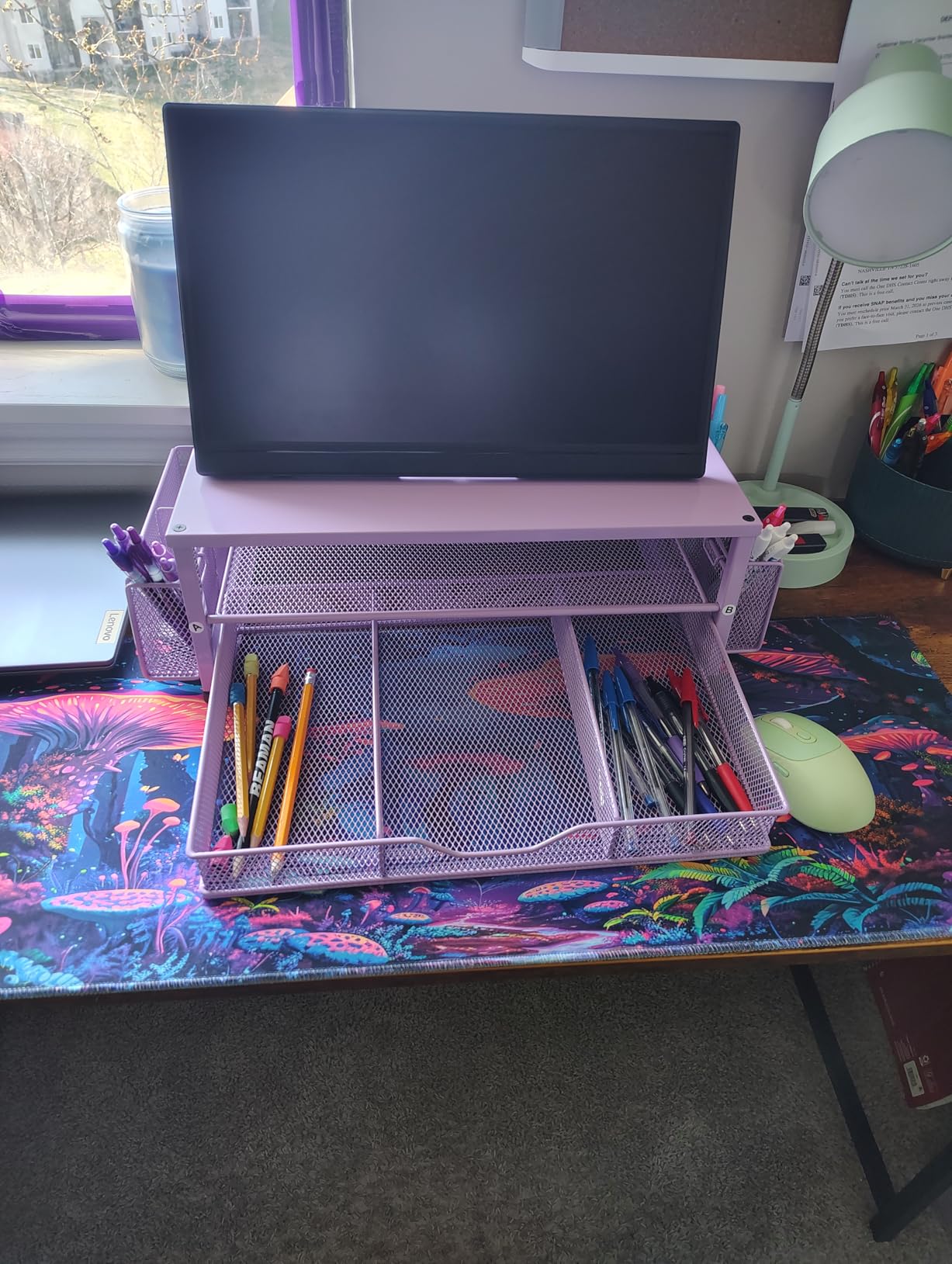 OPNICE Desk Organizer and Accessories, 2-Tier Computer Monitor Stand Riser with Drawer and 2 Pen Holders, Laptop Stand, Office Desk Accessories for Office Supplies, Black customer photo 1