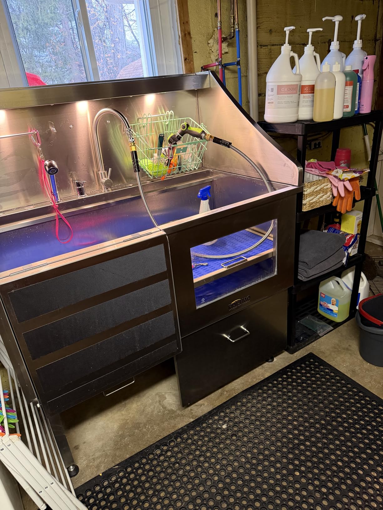 POLIMO Dog Washing Station, LED Professional Stainless Steel Dog Bathing Station 50