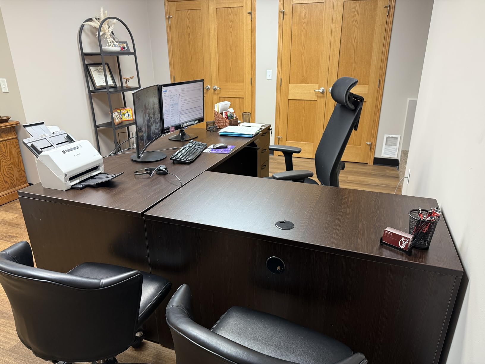 66.93'' L Shaped Executive Standing Desk with Pre-Assembled Frame & Lockable Cabinets, Height Adjustable Desk Dual-Motor Sit-Stand Workstation for Corporate & Home Office (Espresso) customer photo 2