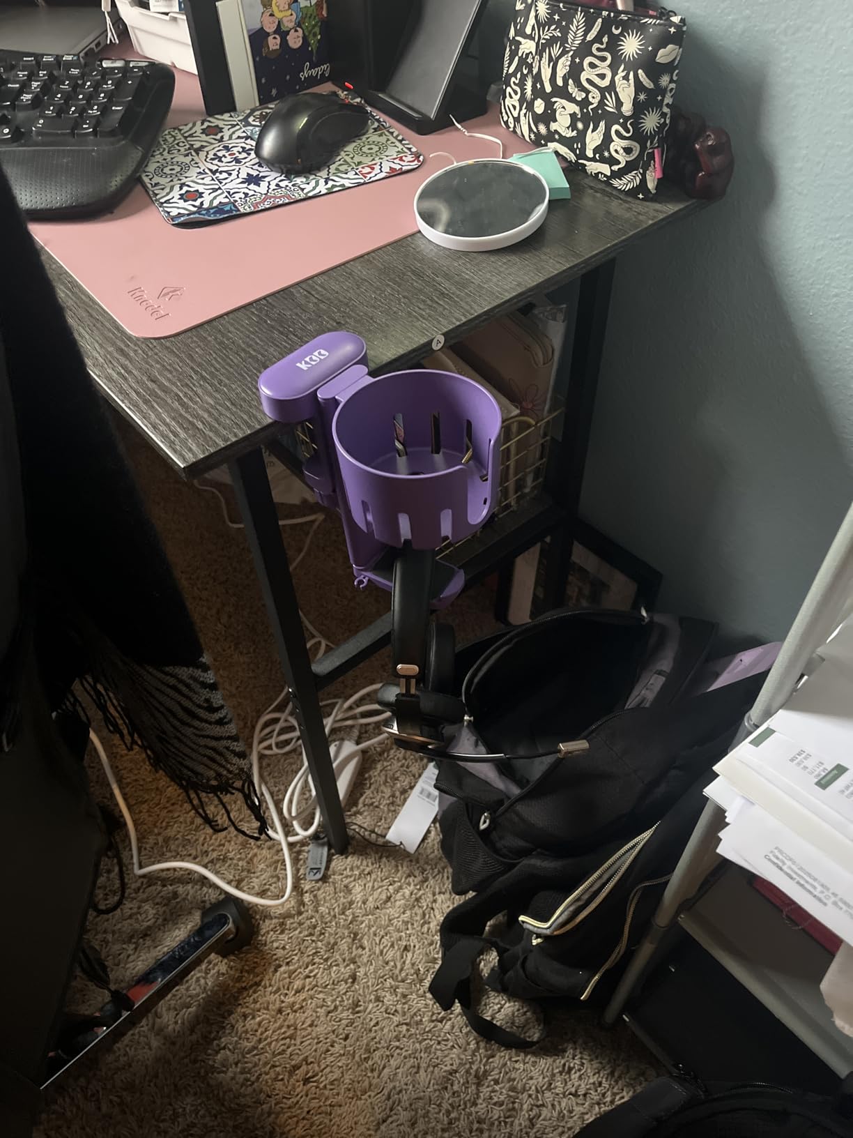 KDD 2 in 1 Headphone Hanger with Desk Cup Holder - Under Desk Clamp Rotatable Headset Holder - Suitable for Coffee Mugs, Water Cups, Headphone (Black) customer photo 2