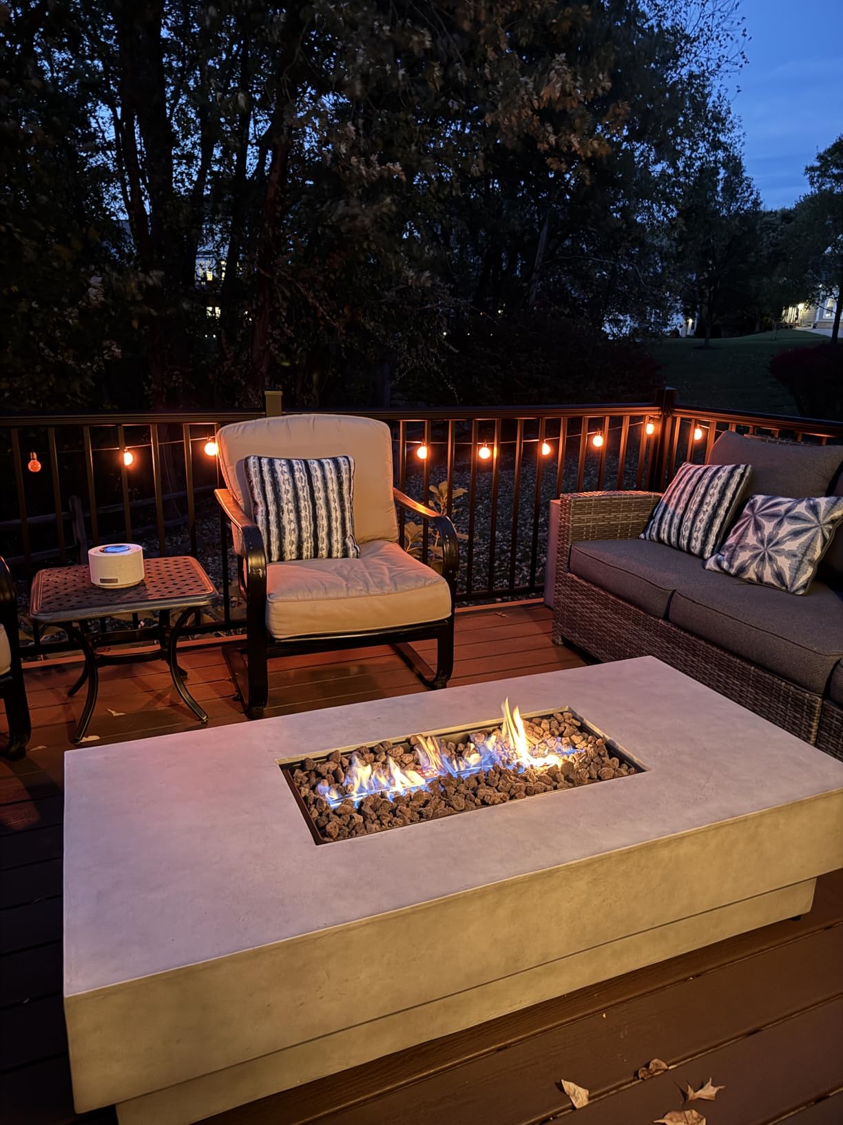 60-inch Outdoor Propane Fire Pit Coffee Table with Tank Cover, 50,000 BTU Concrete Rectangle Modern Outside Fire Table, Auto-Ignition, Included Lava Rocks, Metal Lid & Waterproof Cover customer photo 1