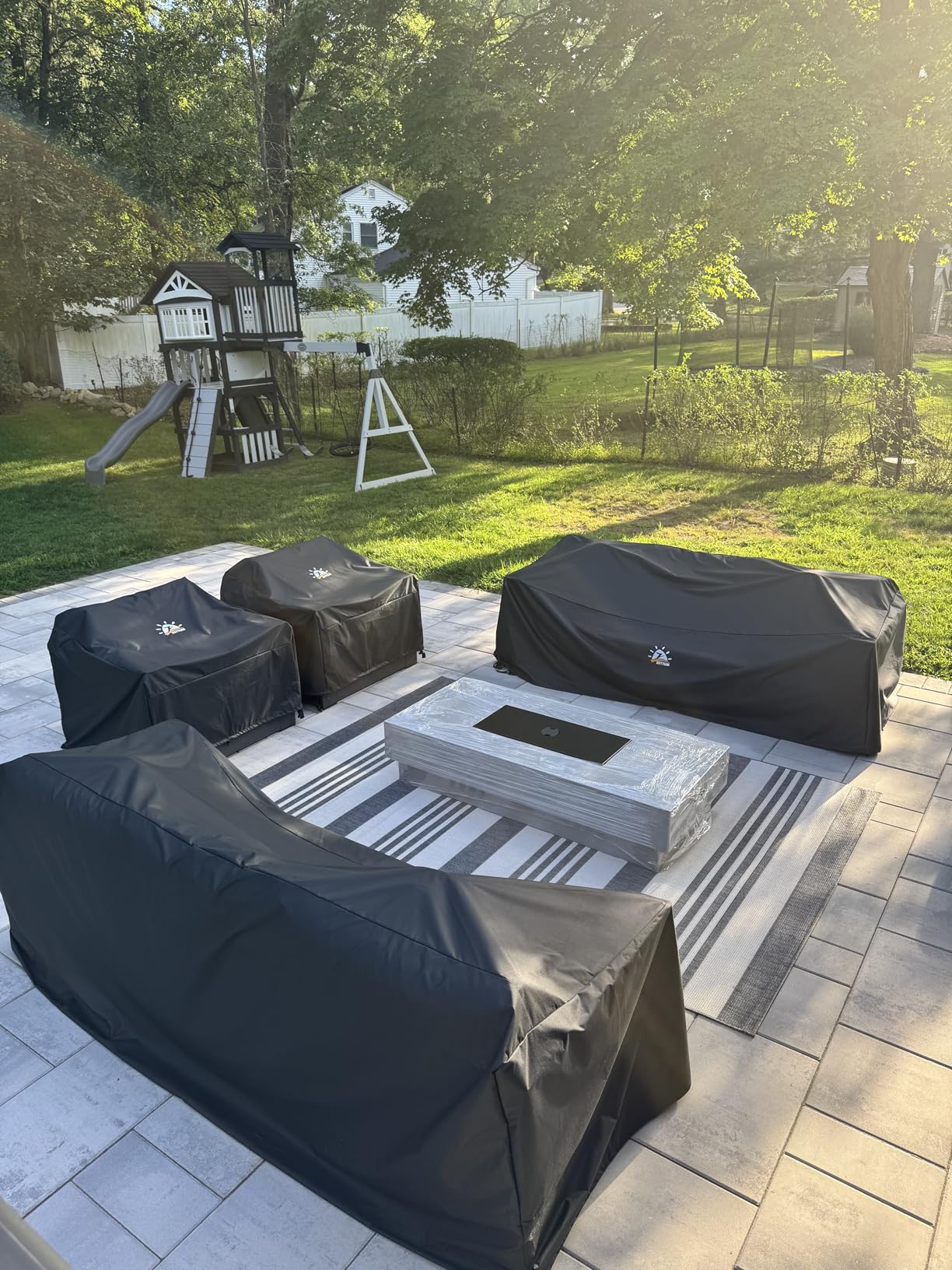 60-inch Outdoor Propane Fire Pit Coffee Table with Tank Cover, 50,000 BTU Concrete Rectangle Modern Outside Fire Table, Auto-Ignition, Included Lava Rocks, Metal Lid & Waterproof Cover customer photo 2