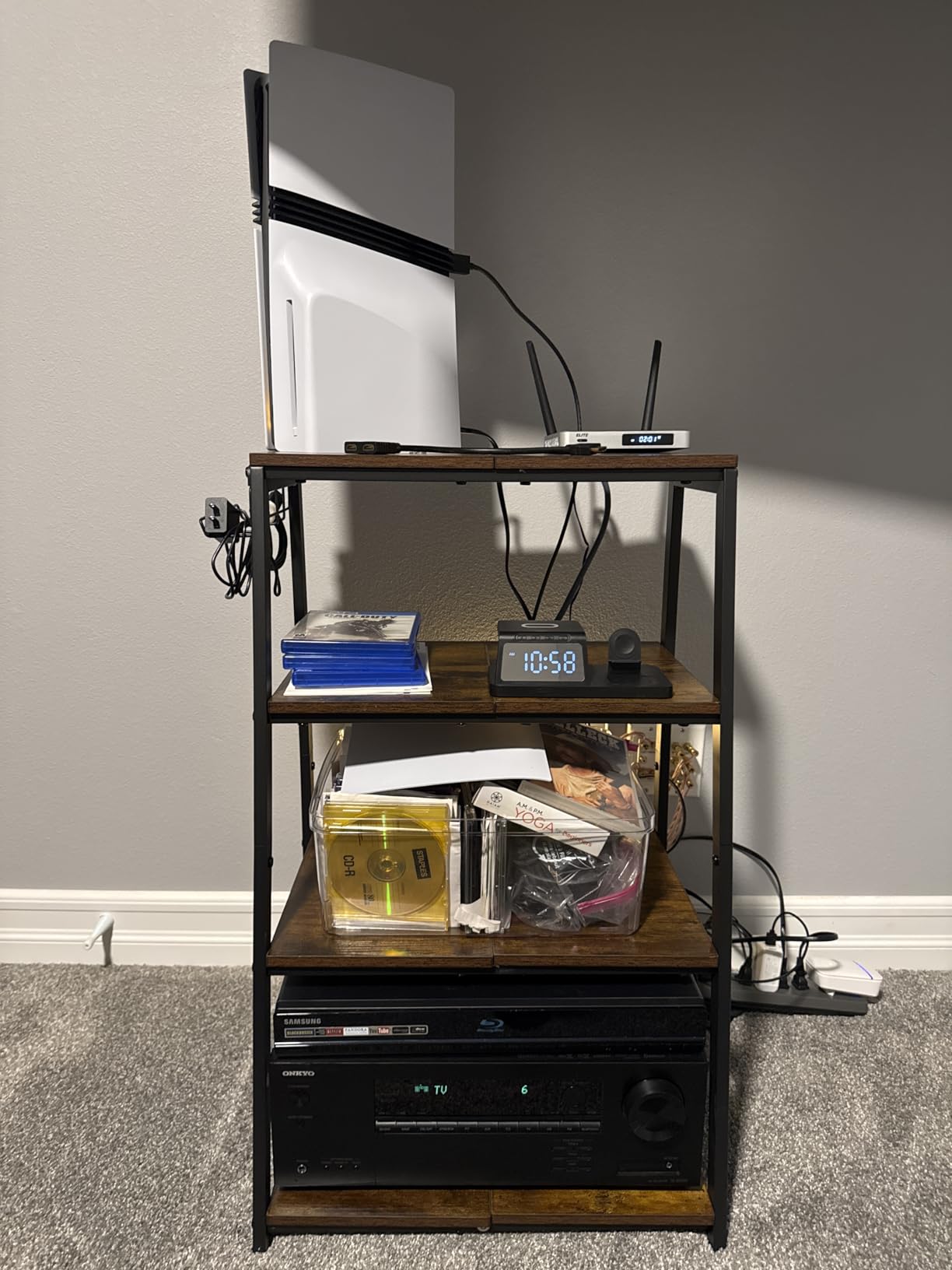4-Tier AV Media Stand with 2 Hooks,Heavy Duty Stereo Cabinet Furniture-Large Stereo Rack and Game Console Stand,Wooden Record Player Stand,Audio Stand Perfect for DVD Players/Game Console/TV Box/Xbox customer photo 1