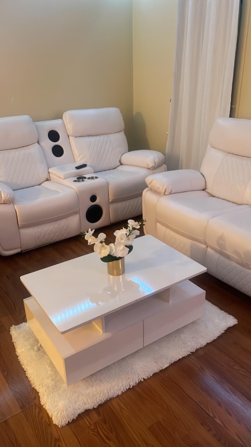 Power Recliner Sofa Set of 3 Piece with Bass Speakers for Living Room, Faux Leather Electric Zero Gravity 3 Seater Reclining Couch with Wireless Charger and Loveseat Theater Chair with LED Lights, Black customer photo 1