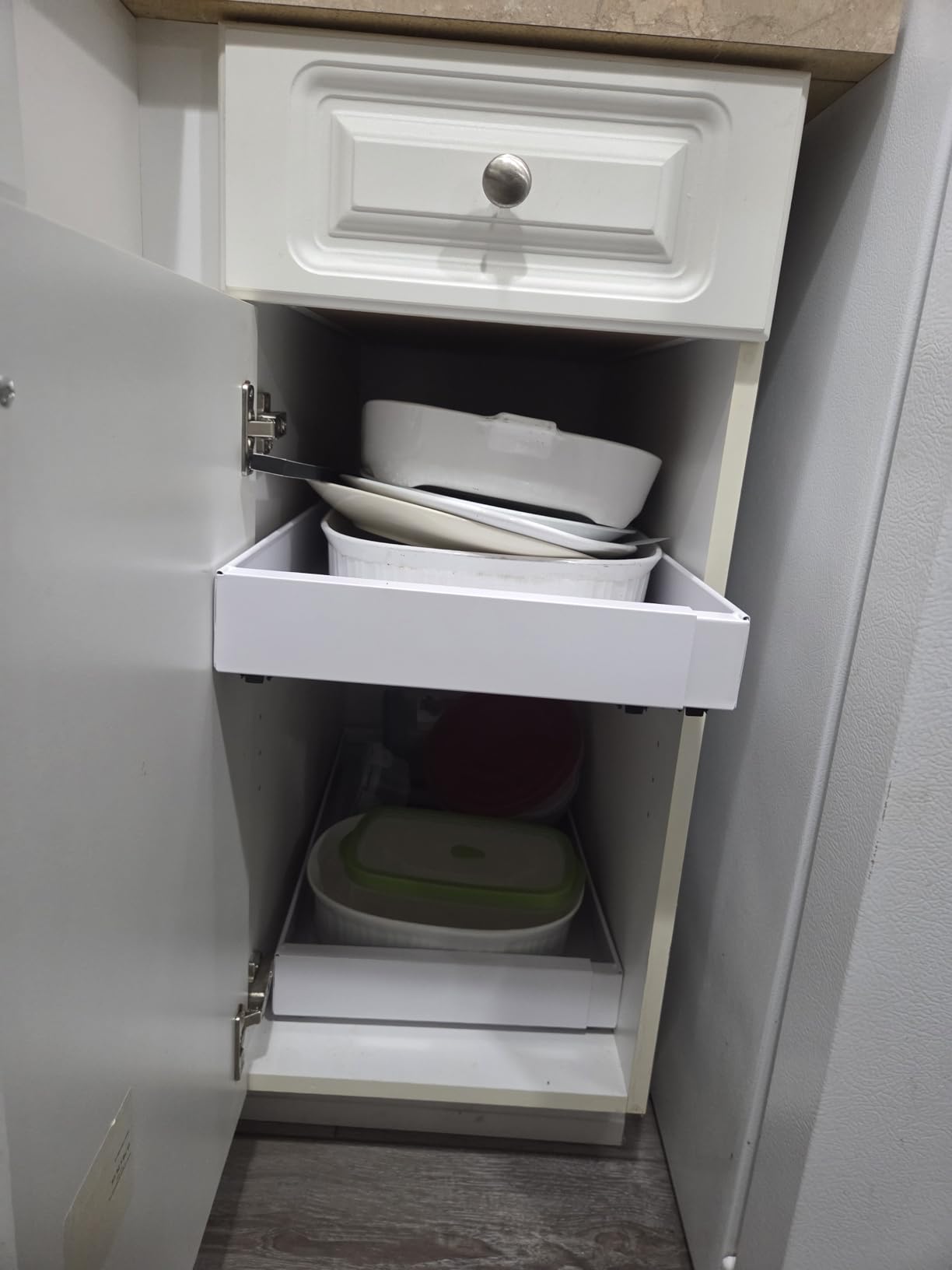 PAKETA 4 Pack Expandable Pull Out Cabinet Organizer, 21'' Deep Pull Out Drawers for Cabinets, Upgrade 3 Slide Rails Sliding Drawer for Kitchen Cabinet Organizer with Adhesive Nano Film customer photo 1