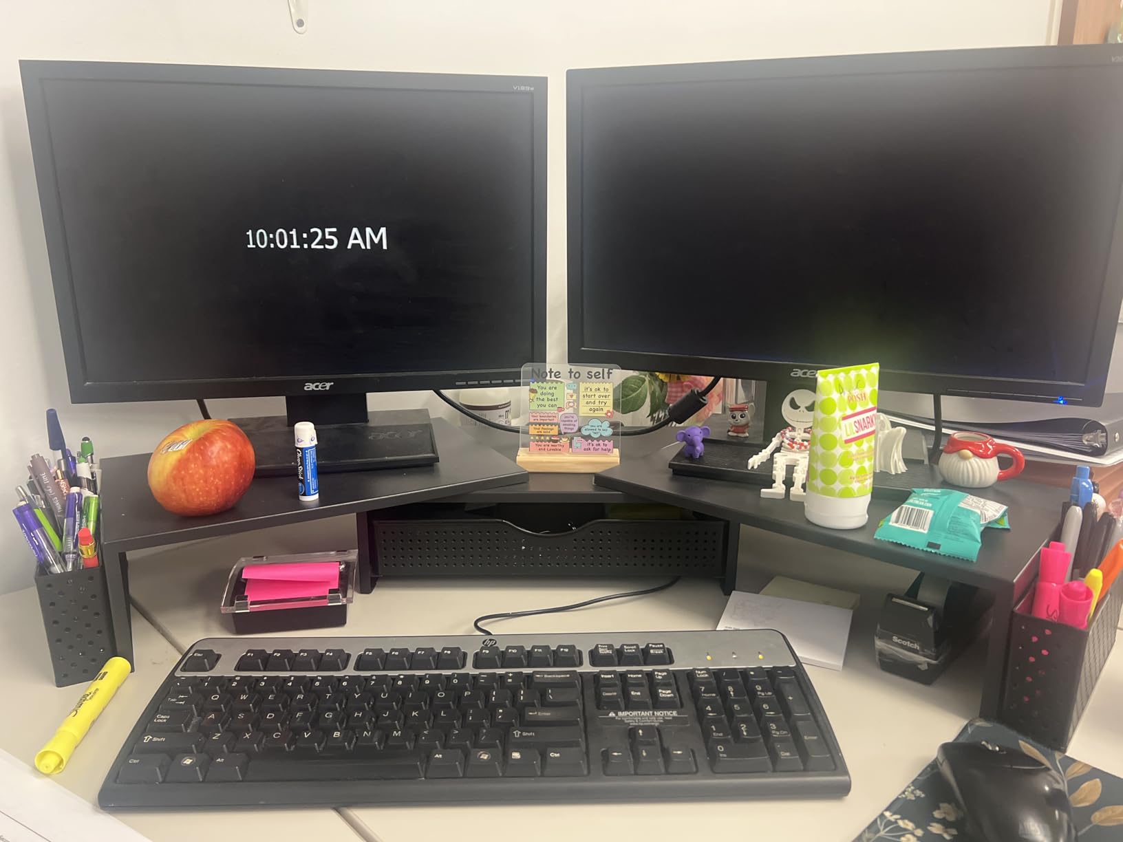 gianotter Dual Monitor Stand Riser, Desk Organizer With Drawer and 2 Pen Holders, Computer Monitor Stand, Shelf for Top of Desk, Black customer photo 2