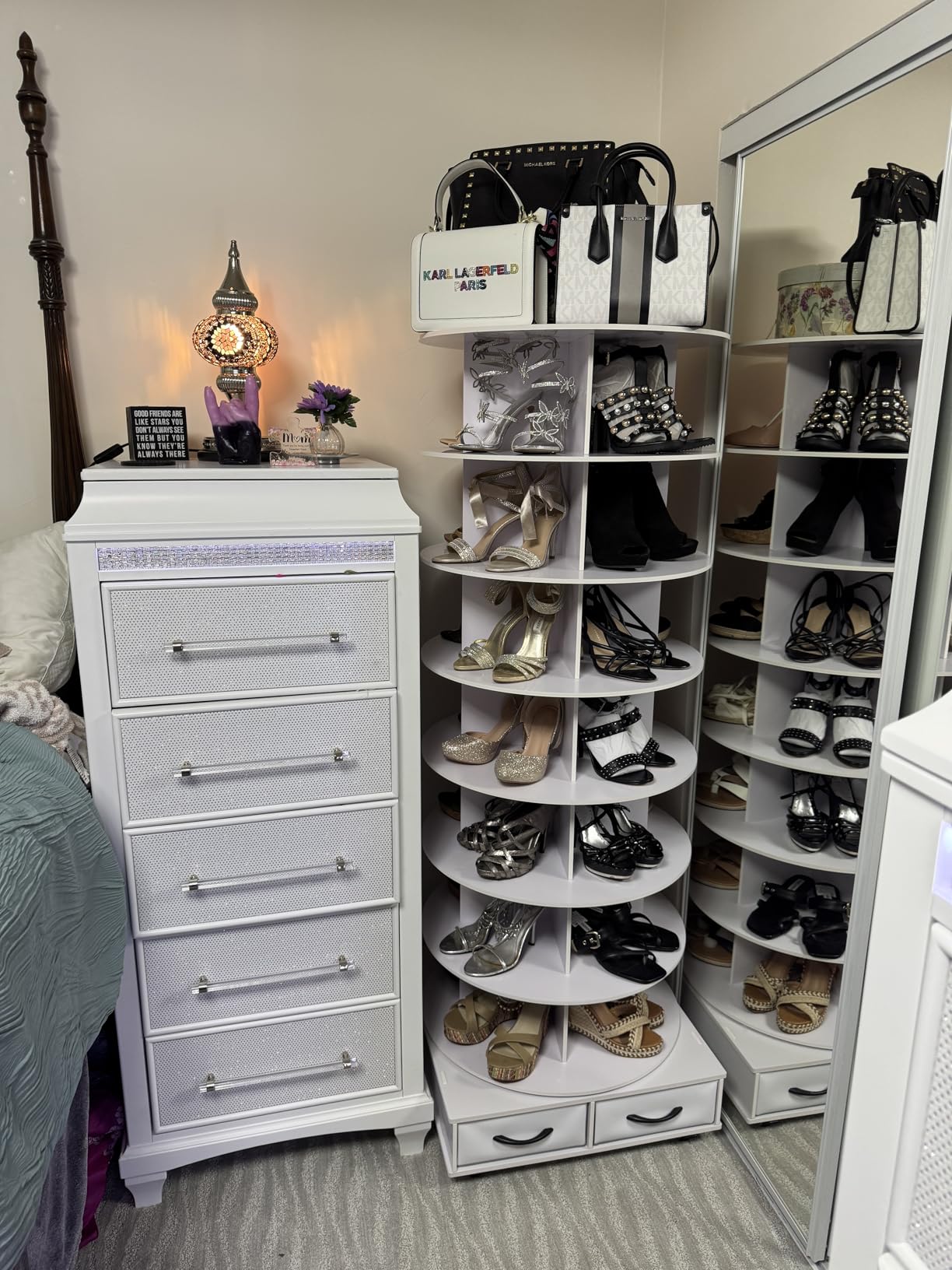 8 Tier Rotating Shoe Rack Tower contains 2 drawers, Spinning Shoe Rack Display Lazy Susan, Revolving 360 Shoe Racks Storage Round Carousel, Equipped with 5 Universal Wheels with Brake Function customer photo 1