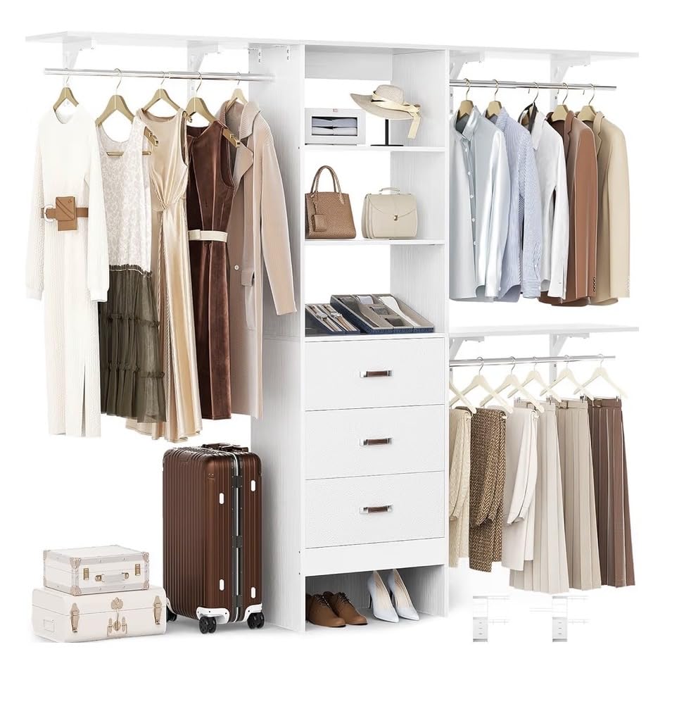 Unikito 48 W - 96 W Closet Organizer, 8FT Walk in Closet Systems Starter Kit with 25 Tower and 3 Extendable Hanging Rods, Sturdy Wood Garment Rack with 4 Drawers and Mirror, Max Load 1000 LBS White customer photo 2
