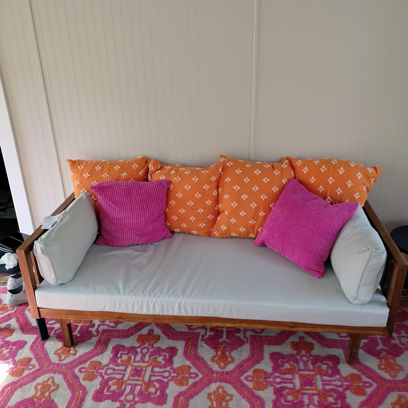 Christopher Knight Home Claremont Outdoor 3 Seater Acacia Wood Daybed with Fabric Water Resistant and Removable Cushions, Patio Garden Poolside Sofa with Slat Paneling Armrest and Back, Teak and Beige customer photo 2