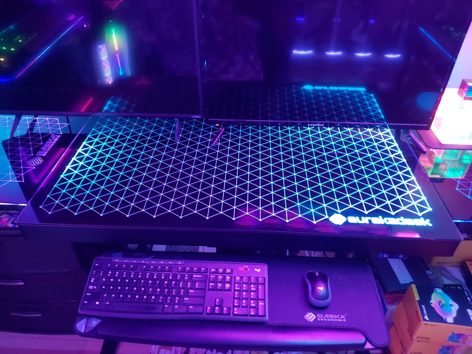 EUREKA ERGONOMIC Gaming Desk RGB Lights Height Adjustable 55 Inch Computer Table Home Office Standing Desk Glass Desk Music Sensing, Dual Motors, USB Ports, APP Control customer photo 1