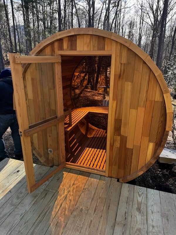 Outdoor Barrel Sauna with Porch, Wood Burning Stove Sauna 4 Person, Canadian Hemlock, Chimney Kit, Triple Waterproof System, Double Reinforcement(0-195℉) customer photo 1