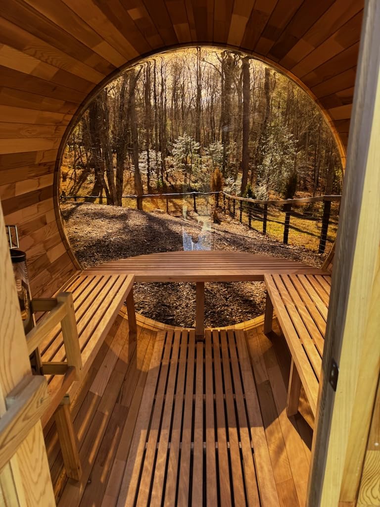 Outdoor Barrel Sauna with Porch, Wood Burning Stove Sauna 4 Person, Canadian Hemlock, Chimney Kit, Triple Waterproof System, Double Reinforcement(0-195℉) customer photo 2