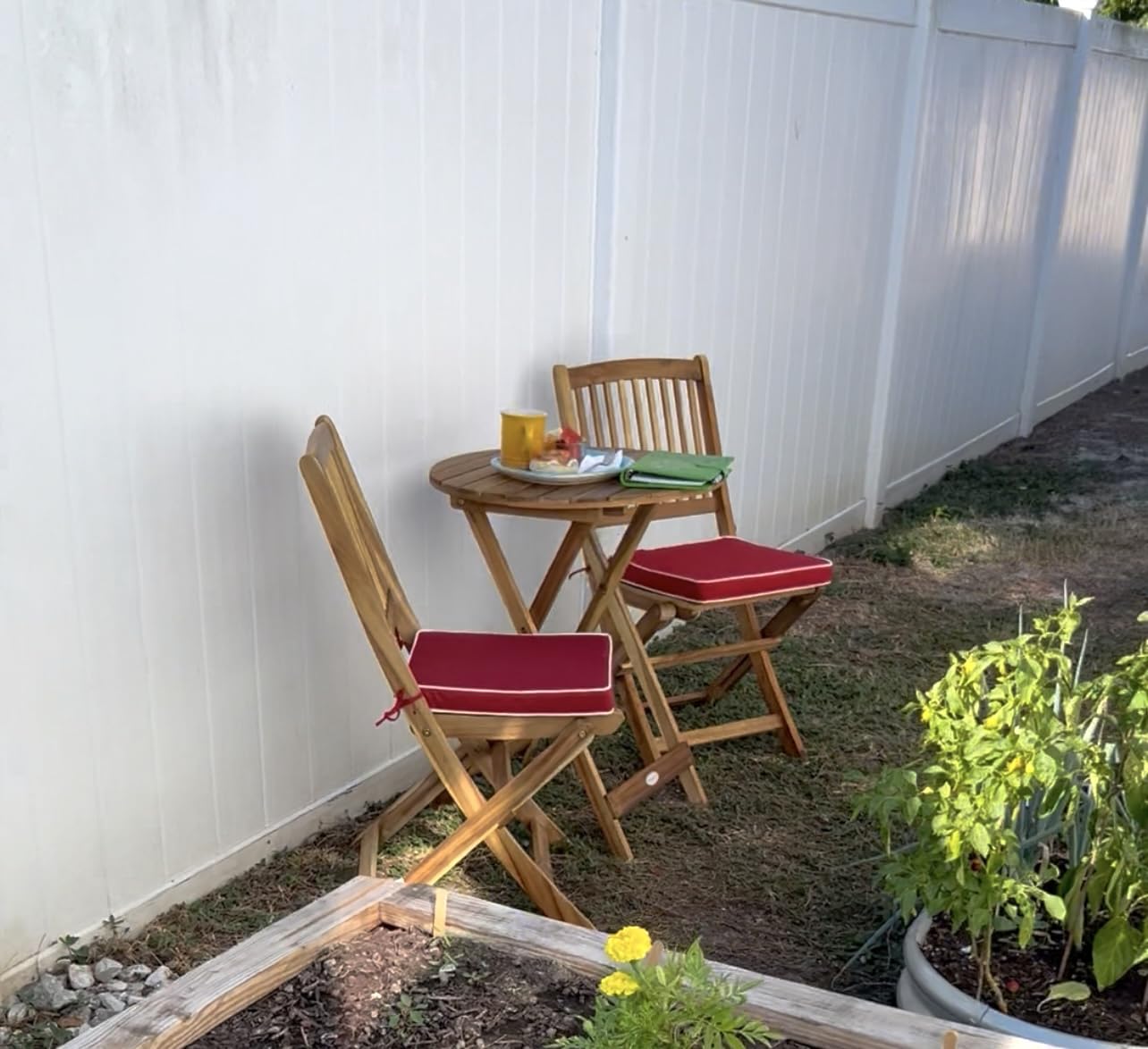 Tangkula 3 Pieces Acacia Wood Patio Folding Bistro Set, Outdoor Table and Chairs Set with Soft Cushions, Patio Furniture Set for Porch, Balcony, Garden, Deck and Backyard customer photo 2