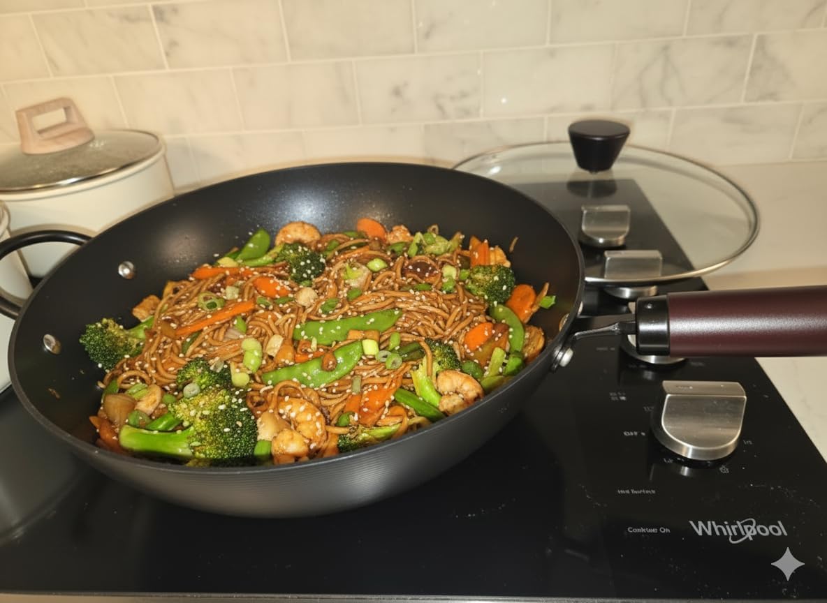 Wok, 13 Inch carbon steel woks & stir-fry pans nonstick, Pre-Seasoned 5.8QT Flat Bottom Chinese Wok Paella Pan with lid, Carbon Steel Cookware, Compatible with All Cooktops customer photo 1