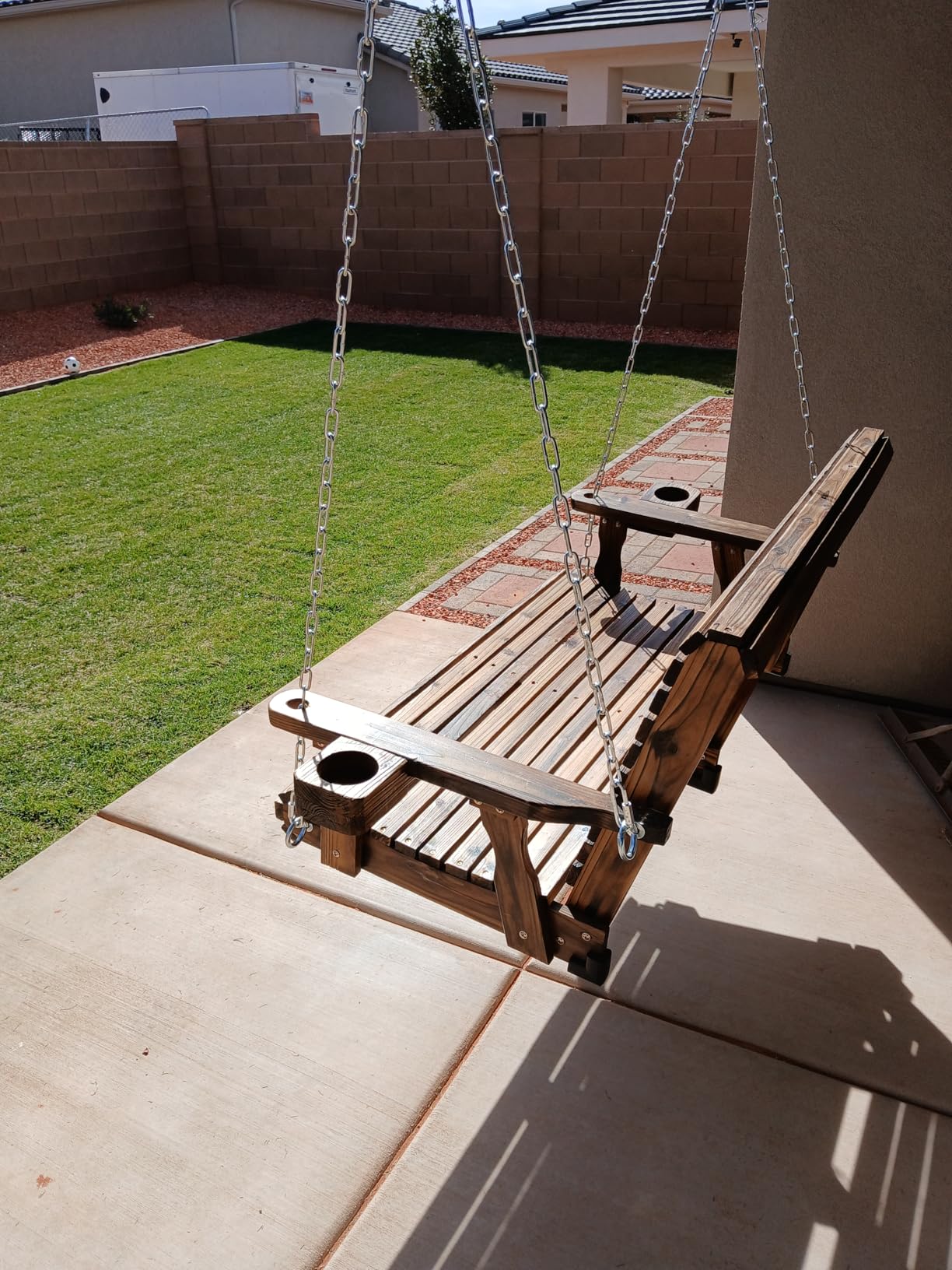 Wooden Porch Swing 2-Seater, High Backrest and Deep Seat, Bench Swing with Cupholders, Hanging Chains and 7mm Springs, Heavy Duty 880 LBS, for Outdoor Patio Garden (Cedar Tone - 4 FT Extra Large) customer photo 1