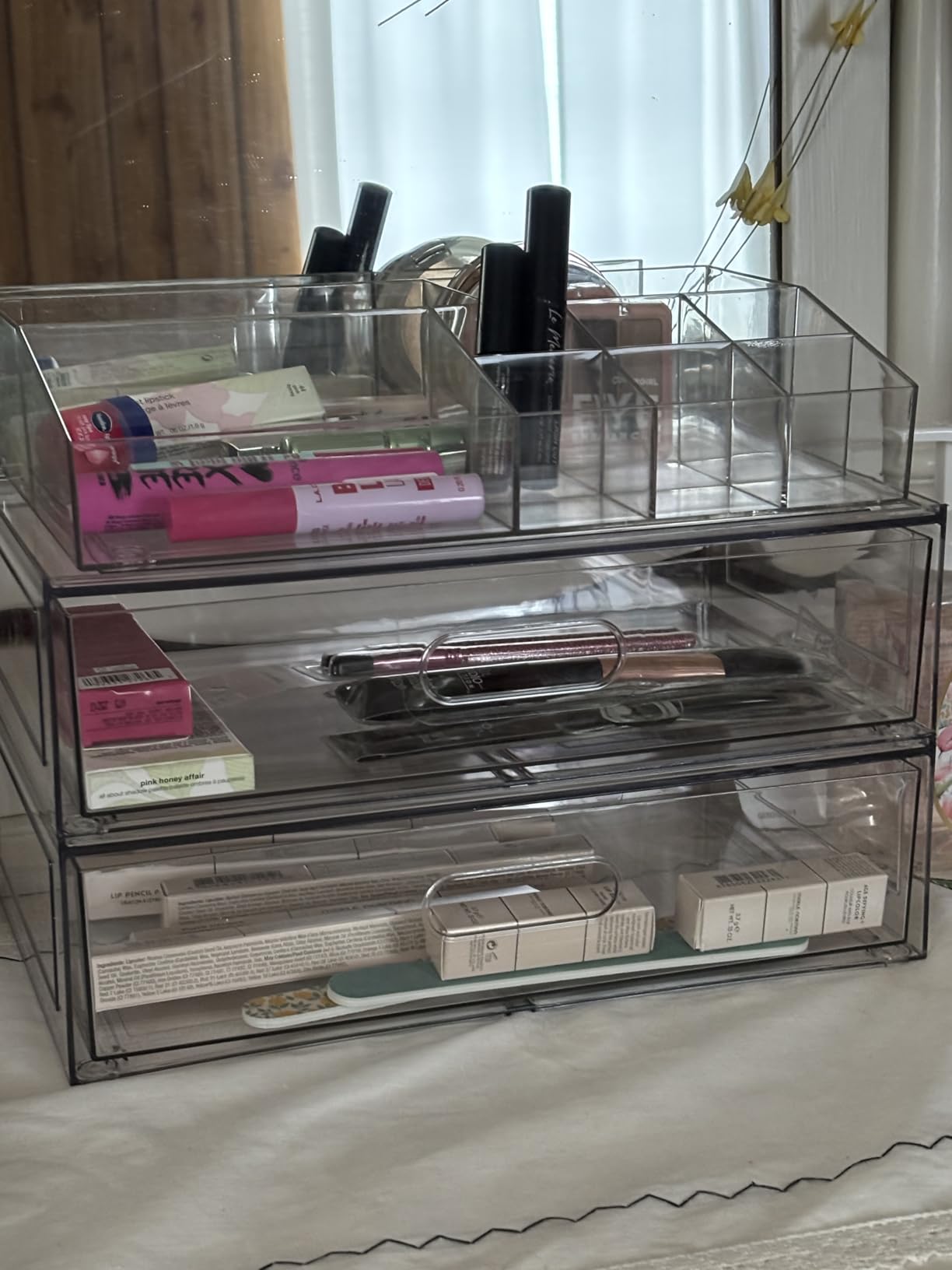 Clear Stackable Makeup Organizer with Drawer, 12''W Acrylic Storage Drawers, Cosmetic Display Case for Vanity Bathroom Countertop, Beauty Holder for Lipstick Brush Skincare Perfume customer photo 2