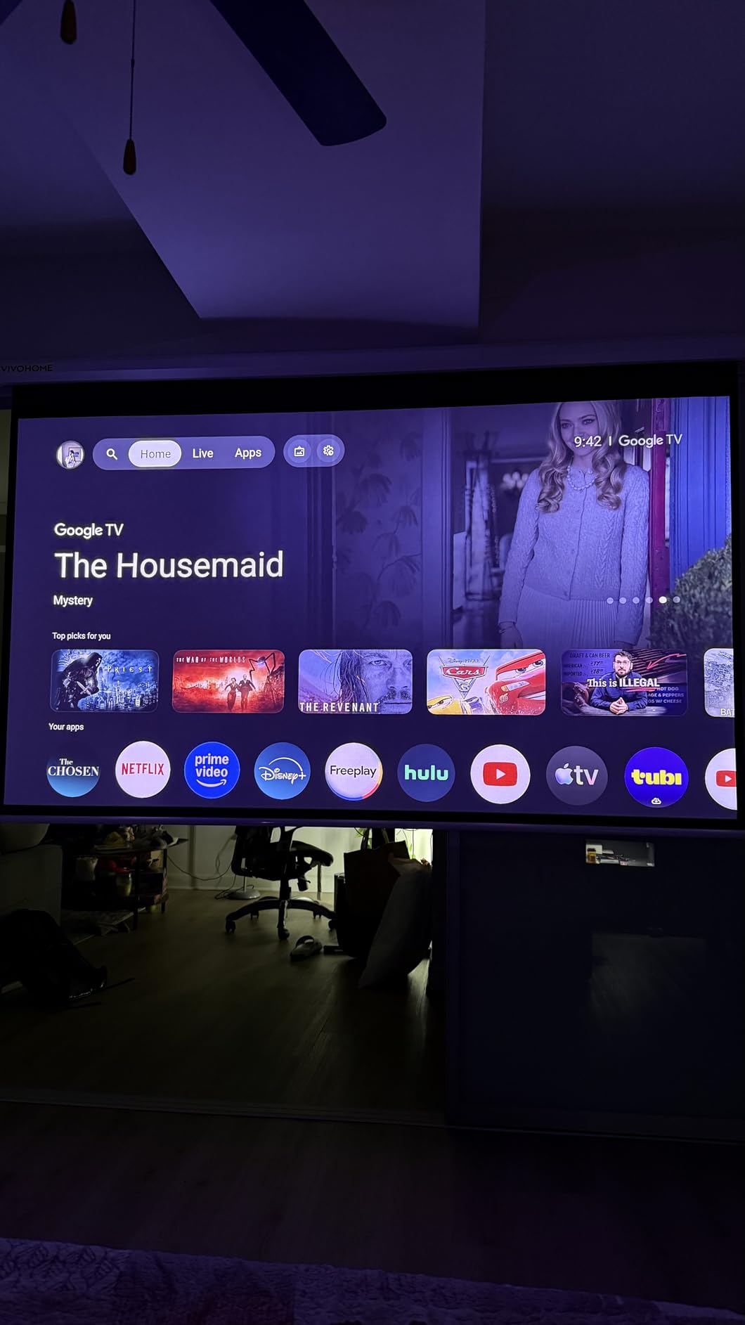 VIVOHOME Motorized Projector Screen with Remote, 16:9 100 Inch Auto Electric Projection Screen, HD 4K Movie Screen for Home Theater, Cinema, Office customer photo 2