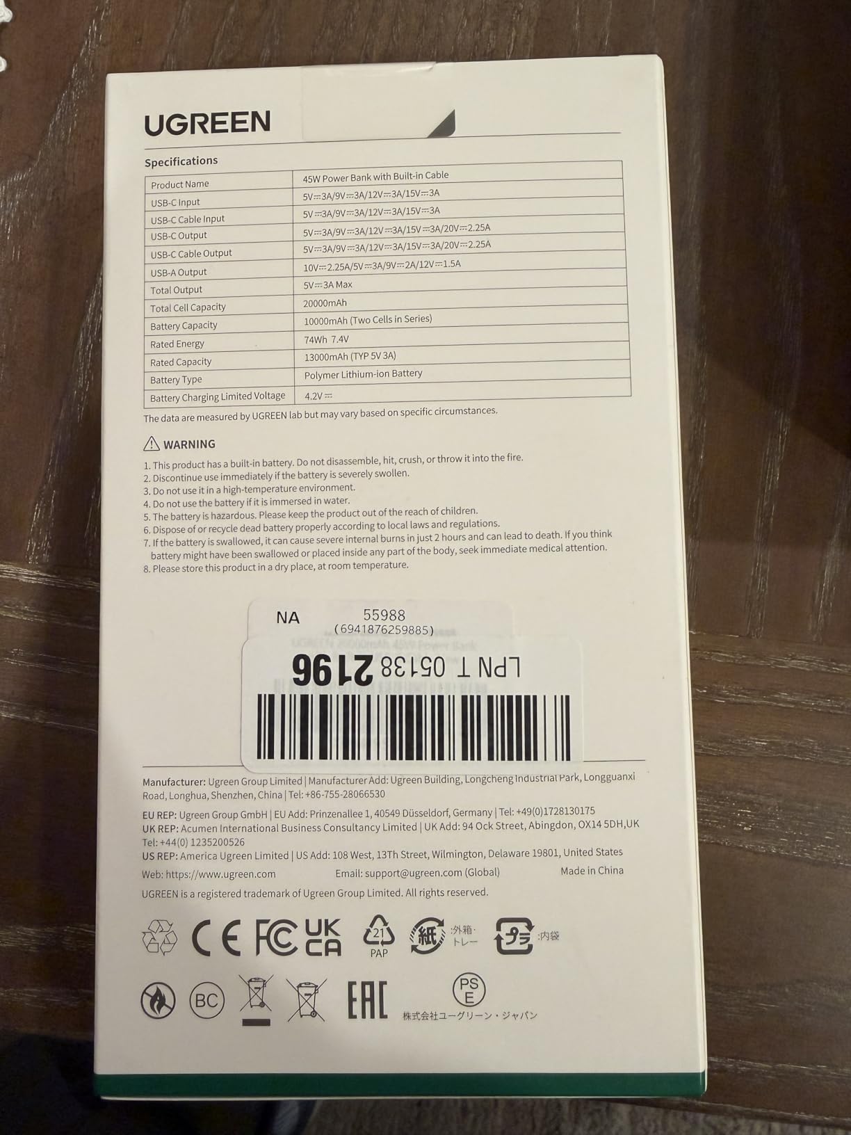 UGREEN Nexode Power Bank 20000mAh 45W with Built-in Cable, Fast Charging Portable Charger for iPhone 17 Pro/Samsung S26 Ultra/iPad Pro, 3-Port External Battery Pack with Digital Display, Travel Ready customer photo 2