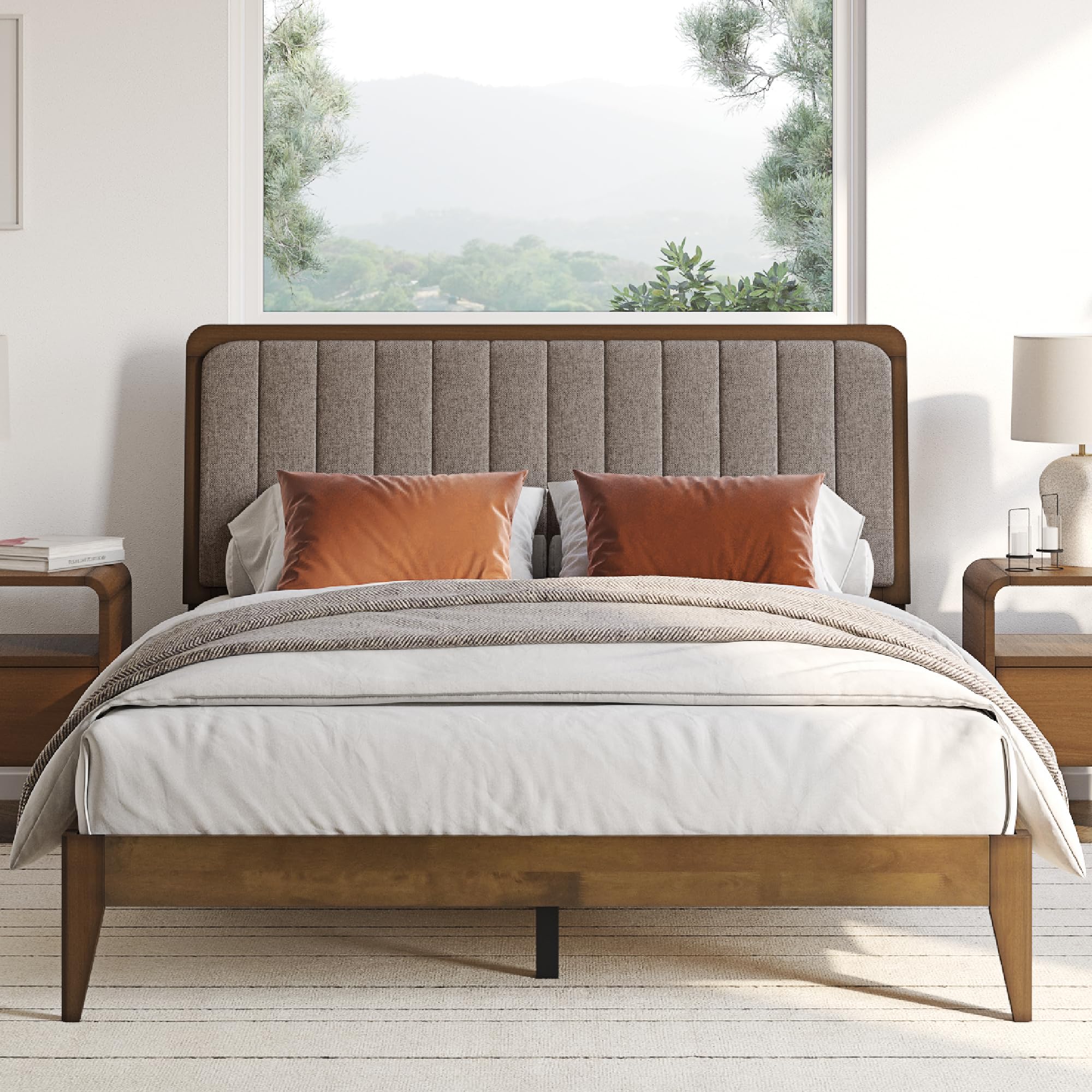 DG Casa Raven Solid Wood King Size Bed Frame - Mid Century Modern Style, Platform with Tufted Upholstered Adjustable Height Headboard, No Box Spring Required, Walnut Finish, Brown Fabric customer photo 1
