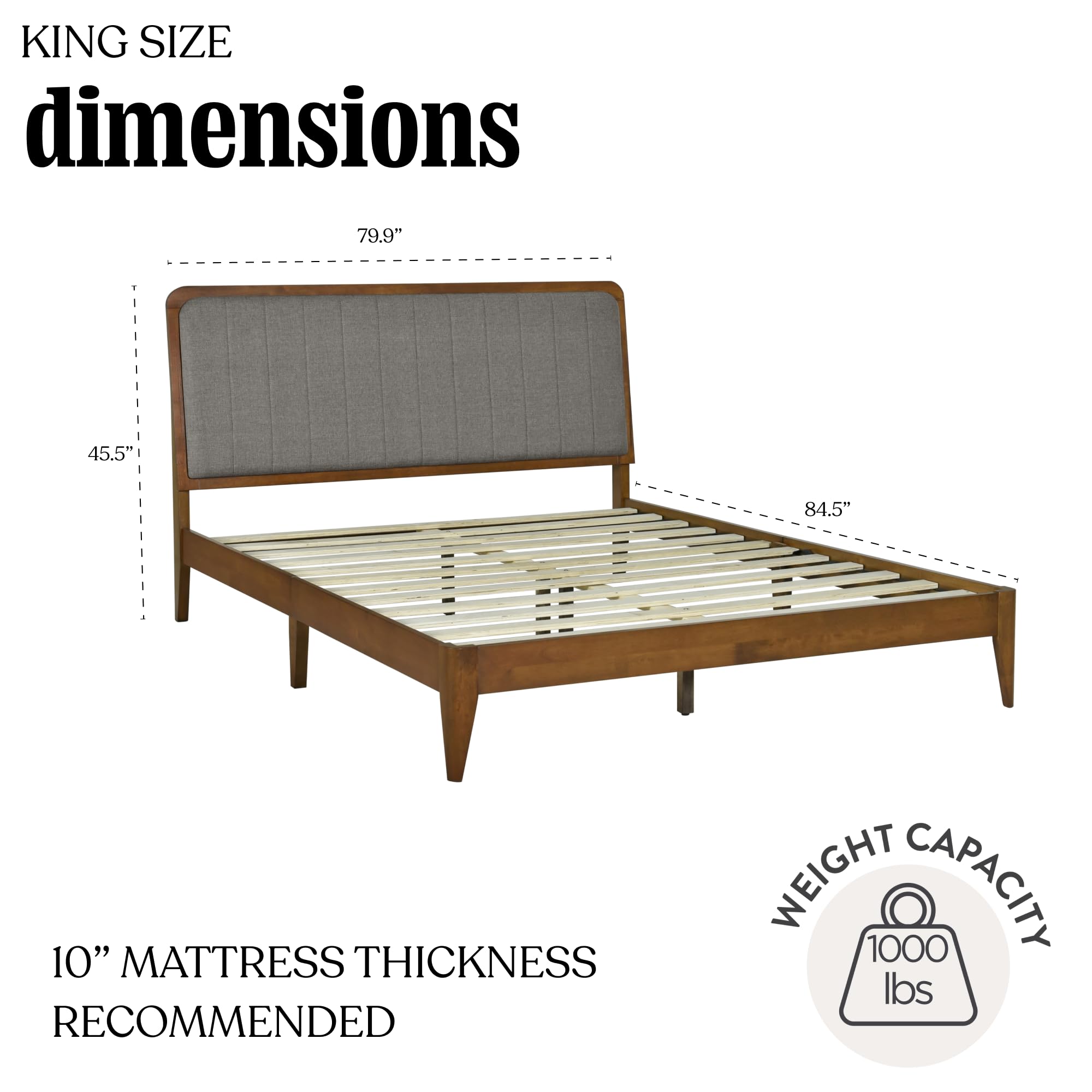 DG Casa Raven Solid Wood King Size Bed Frame - Mid Century Modern Style, Platform with Tufted Upholstered Adjustable Height Headboard, No Box Spring Required, Walnut Finish, Brown Fabric customer photo 2