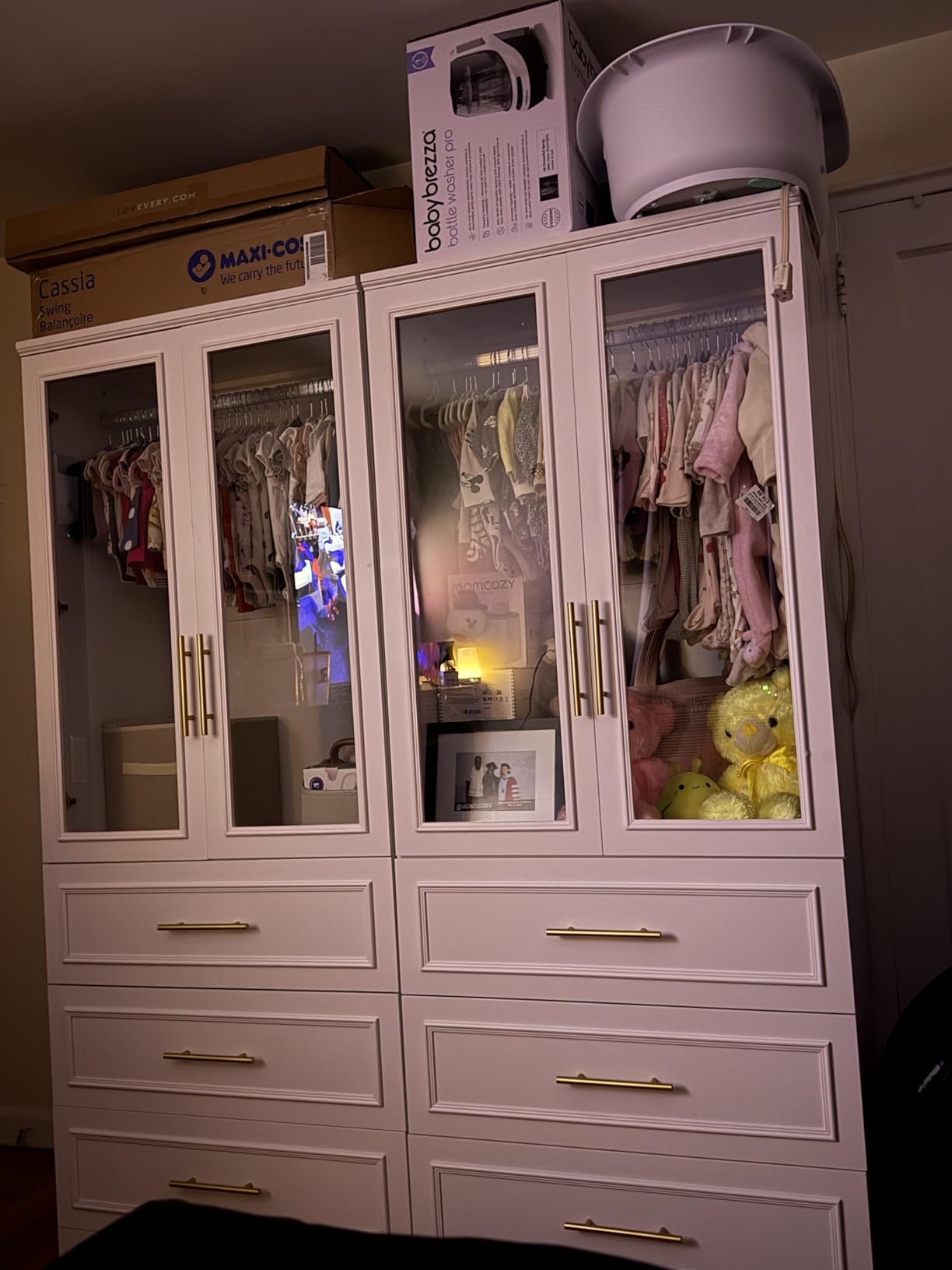 FUFU&GAGA Wardrobe Closet Collection with Doors, Modern White Bedroom Armoire System with Gold Handles, Modern Clothes Storage Cabinet with Drawers, Shelves, Hanging Rods, 79.1