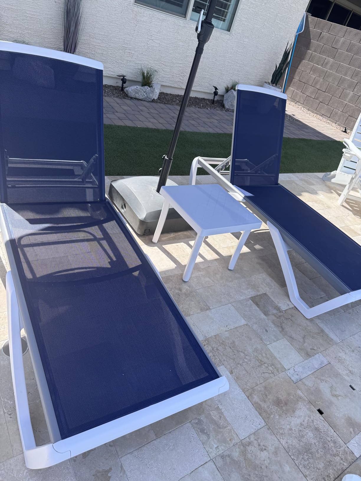 Kozyard Outdoor Chaise Lounge Chair, Full Flat Adjustable Patio Lounger with Aluminum Frame & Resin Legs, Textilene Fabric for Poolside, Backyard & Beach (NavyBlue, 2Chairs with Table) customer photo 1