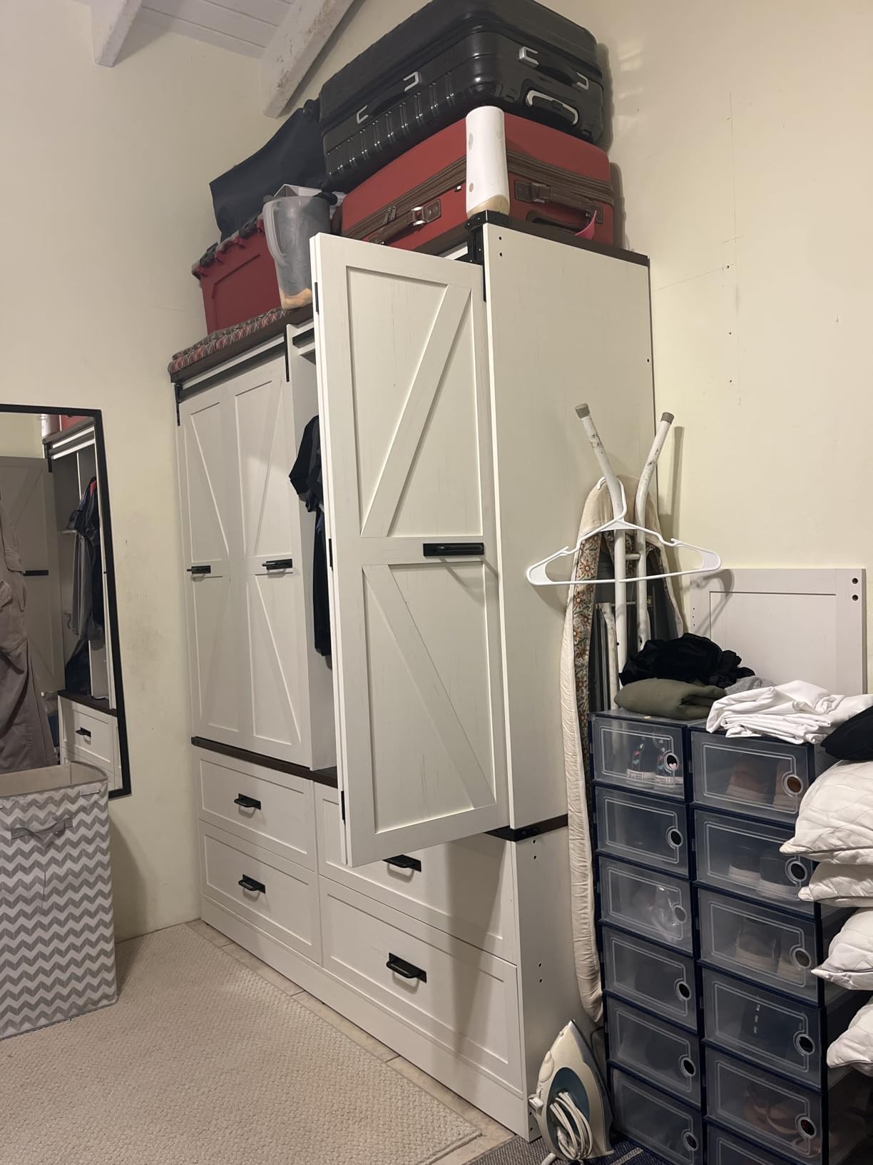 Farmhouse 4 Doors Armoire Wardrobe Closet w/Folding Sliding Barn Door and Lights, LED Armoire Closet w/Drawers for Bedroom, Freestanding Wooden Wardrobe Storage Closets w/Hanging Rod, Antique White customer photo 1