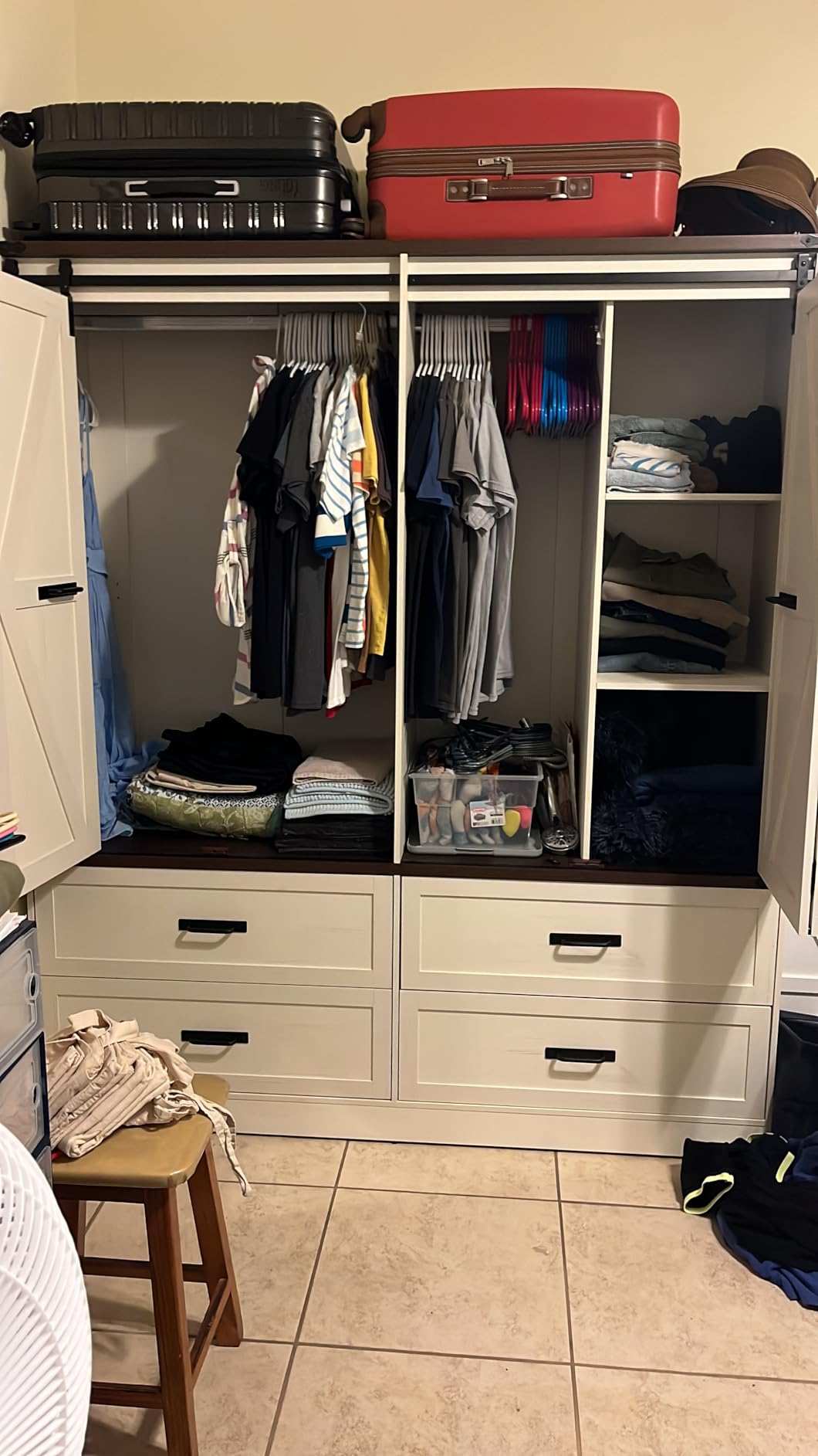 Farmhouse 4 Doors Armoire Wardrobe Closet w/Folding Sliding Barn Door and Lights, LED Armoire Closet w/Drawers for Bedroom, Freestanding Wooden Wardrobe Storage Closets w/Hanging Rod, Antique White customer photo 2