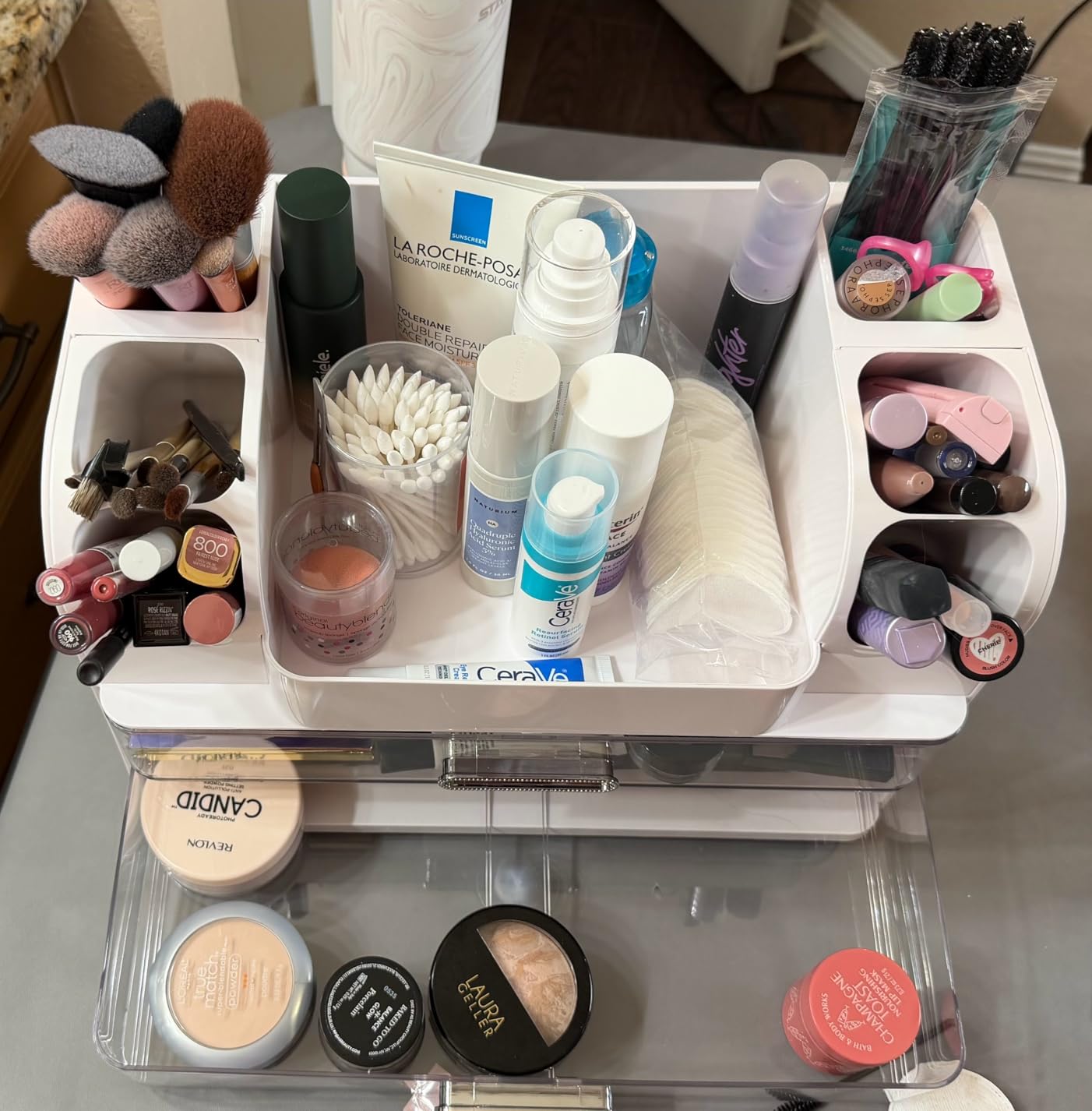 Makeup Organizer for Vanity with 2 Large Drawers, Cosmetic Display Case with Brush Holders, Easy to Storage for Bathroom Countertop Skincare, Perfume, White customer photo 1