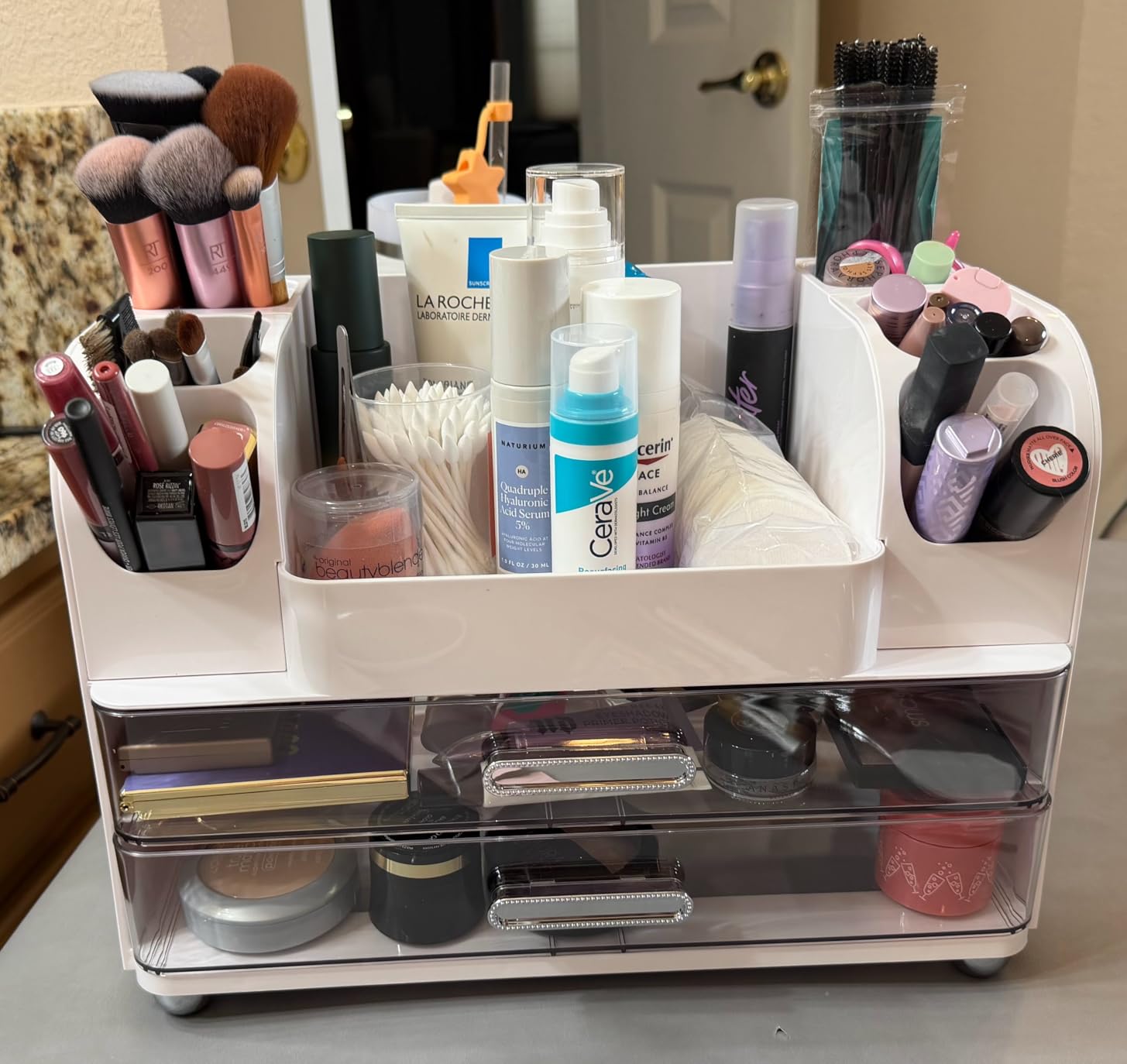 Makeup Organizer for Vanity with 2 Large Drawers, Cosmetic Display Case with Brush Holders, Easy to Storage for Bathroom Countertop Skincare, Perfume, White customer photo 2