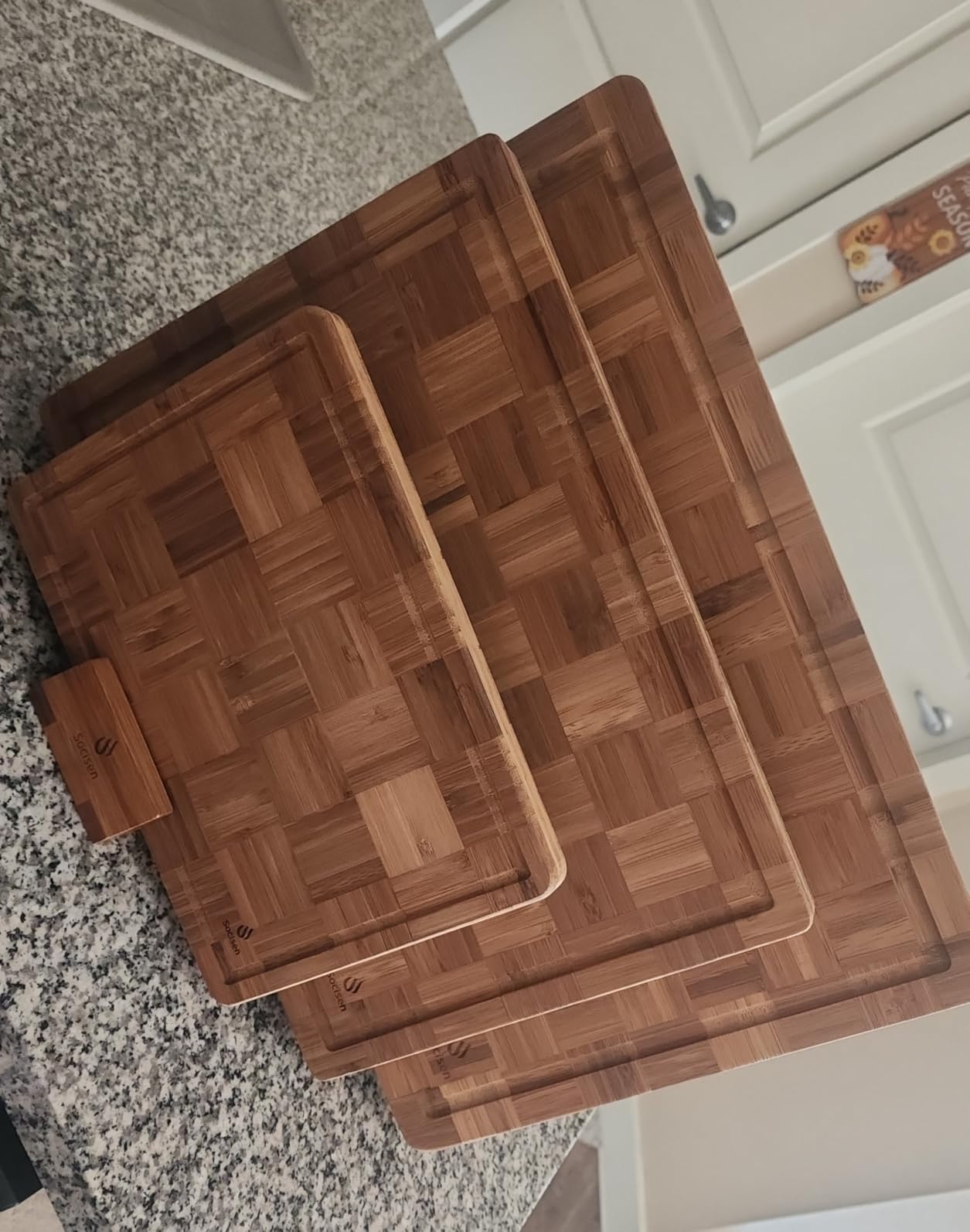 3 Pack Heavy Duty Bamboo Cutting Board Set Non Toxic Wooden Cutting Board for Kitchen Non Slip Solid End Grain Thick Wood Juice Groove Chopping Board Extra Large Butcher Block Best House Warming Gift customer photo 1