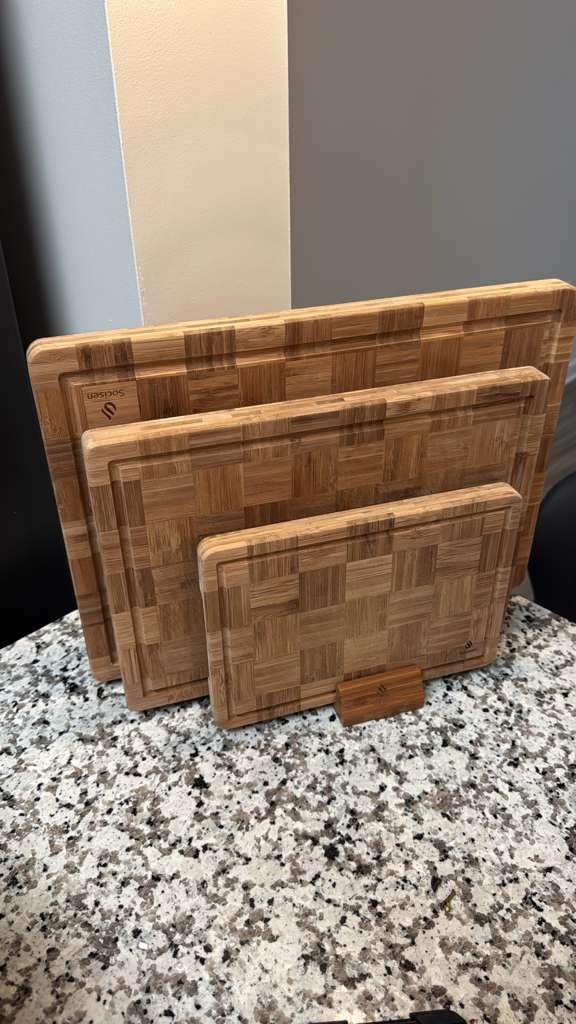 3 Pack Heavy Duty Bamboo Cutting Board Set Non Toxic Wooden Cutting Board for Kitchen Non Slip Solid End Grain Thick Wood Juice Groove Chopping Board Extra Large Butcher Block Best House Warming Gift customer photo 2