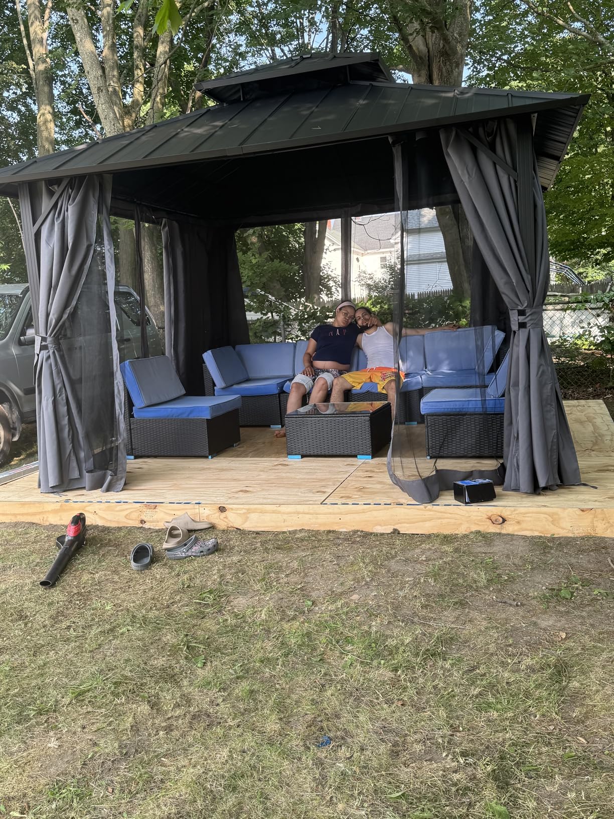 12' x 12' Hardtop Gazebo, Aluminum Frame with Double Galvanized Steel Roof, Outdoor Metal Gazebo with Netting & Curtains for Backyard, Garden, or Deck, Grey customer photo 2
