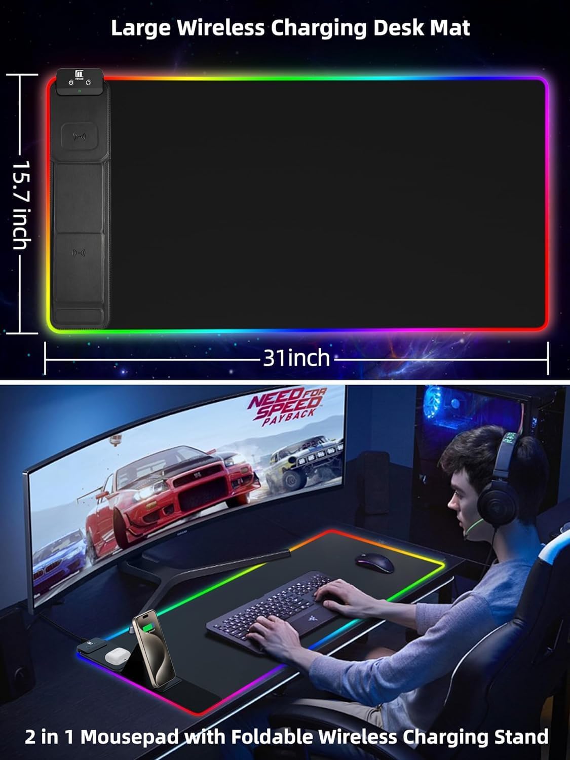 XXL Mouse Pad with Phone Holder, RGB Desk Mat with 15W Fast Charging, LED Large Gaming Mouse Pad with 11 Lights Colors, Long Mouse Pads, Waterproof Non-Slip Desk Pad for Gamer Esports Pros customer photo 2