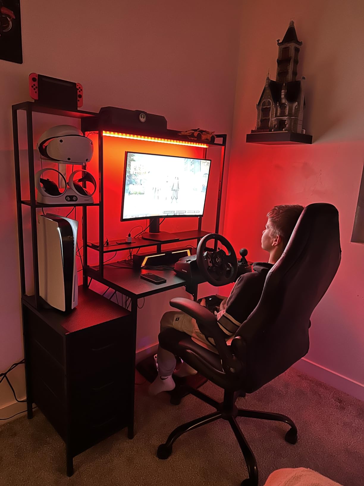 Casaottima 48 Inch Gaming Desk with Hutch & 3 Fabric Drawers, Computer Desk with USB Ports & LED Lights, Reversible Pc Gamer Table with Monitor Stand for Home Office, Carbon Fiber Black customer photo 2