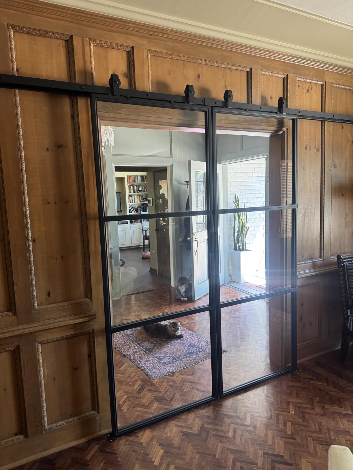 76 x 84 in Metal and Glass Sliding Double Barn Door with Installation Hardware Kit (Soft-Close Included) customer photo 1