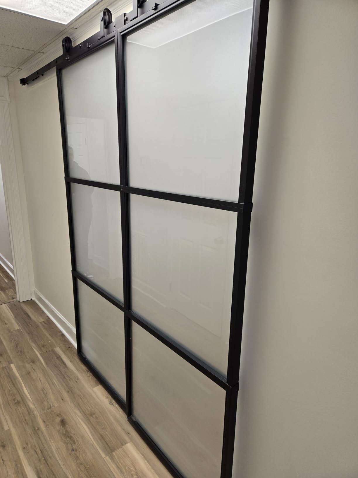 76 x 84 in Metal and Glass Sliding Double Barn Door with Installation Hardware Kit (Soft-Close Included) customer photo 2