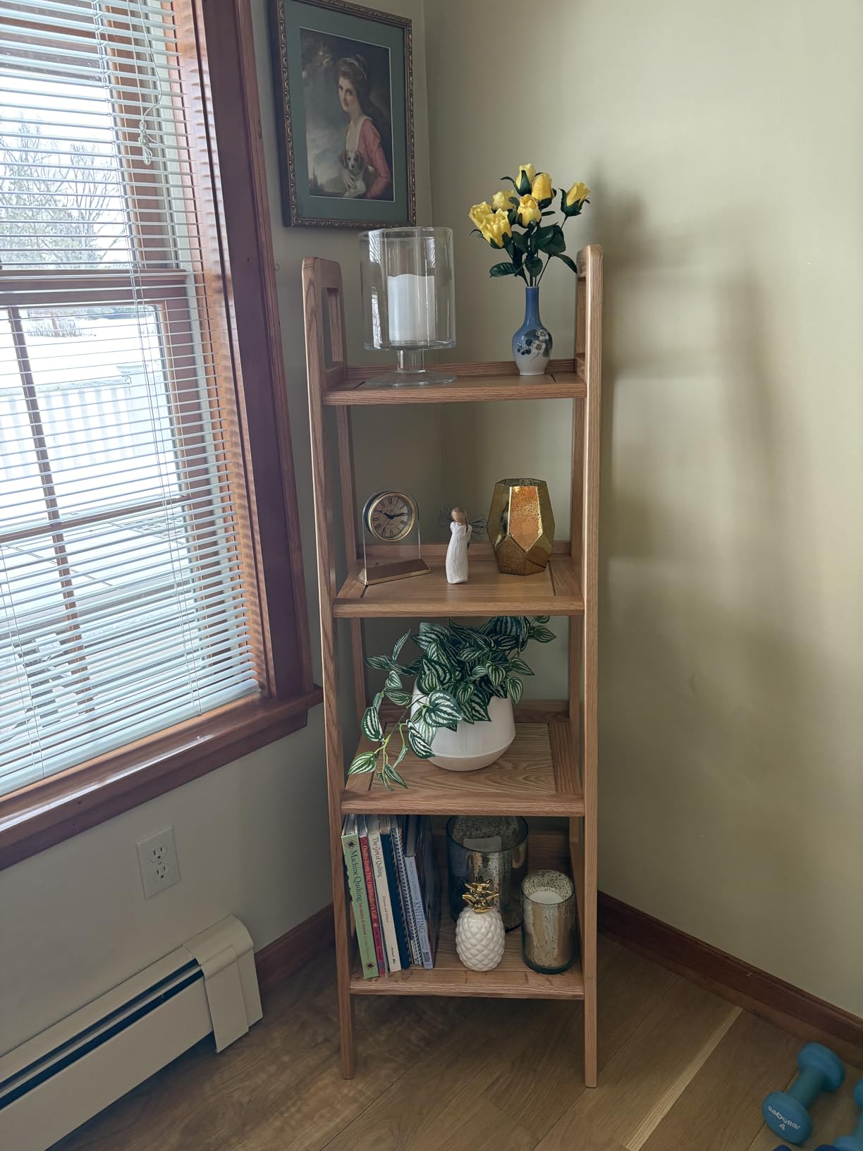 100% Solid Wood 5 Tier Ladder Shelf, Narrow Ladder Bookshelf with Drawers, 63.78