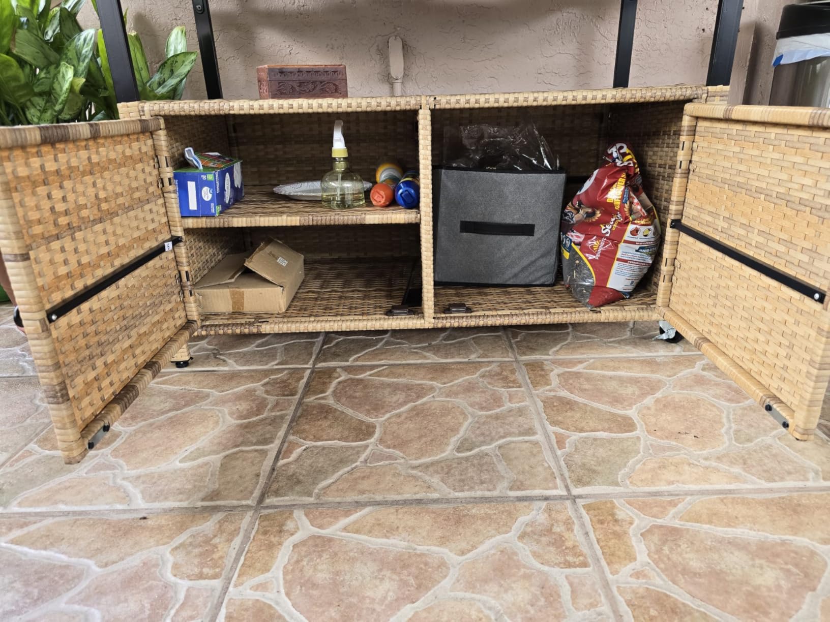 DWVO XL Outdoor Storage Cabinet, Patio Storage Table with Glass Top, Bar Table with Wheels, Outdoor Bar Cart for Patio, Poolside and Backyard, Light Brown customer photo 1