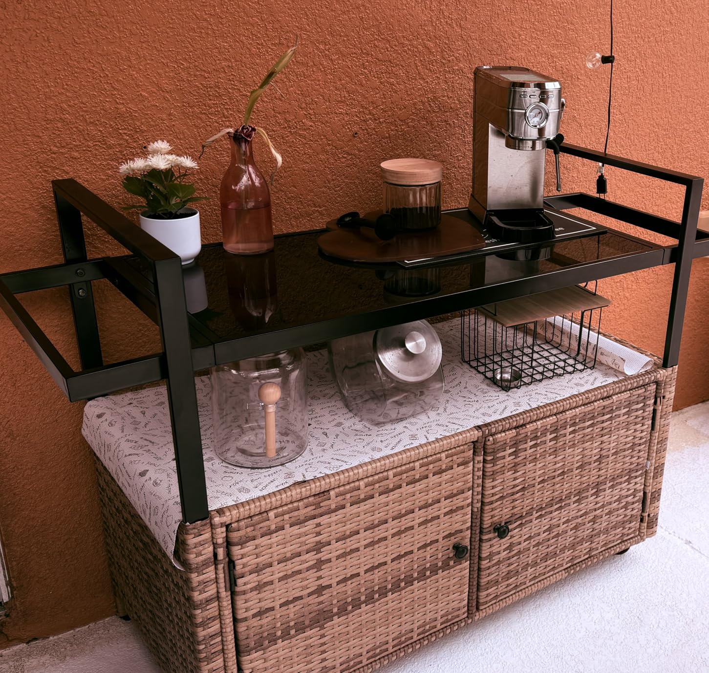 DWVO XL Outdoor Storage Cabinet, Patio Storage Table with Glass Top, Bar Table with Wheels, Outdoor Bar Cart for Patio, Poolside and Backyard, Light Brown customer photo 2